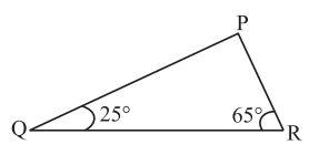 ਤ੍ਰਿਭੁਜ PQR ਵਿਚ ਕੋਣ Q=25^@ ਅਤੇ ਕੋਣ R= 65^@ ਹੈ। ਹੇਠ ਲਿਖੇ ਕਥਨ ਵਿੱਚੋਂ ਕਿਹੜਾ ਸਹੀ ਹੈ? (iii) RP^2 + QR^2 = PQ^2