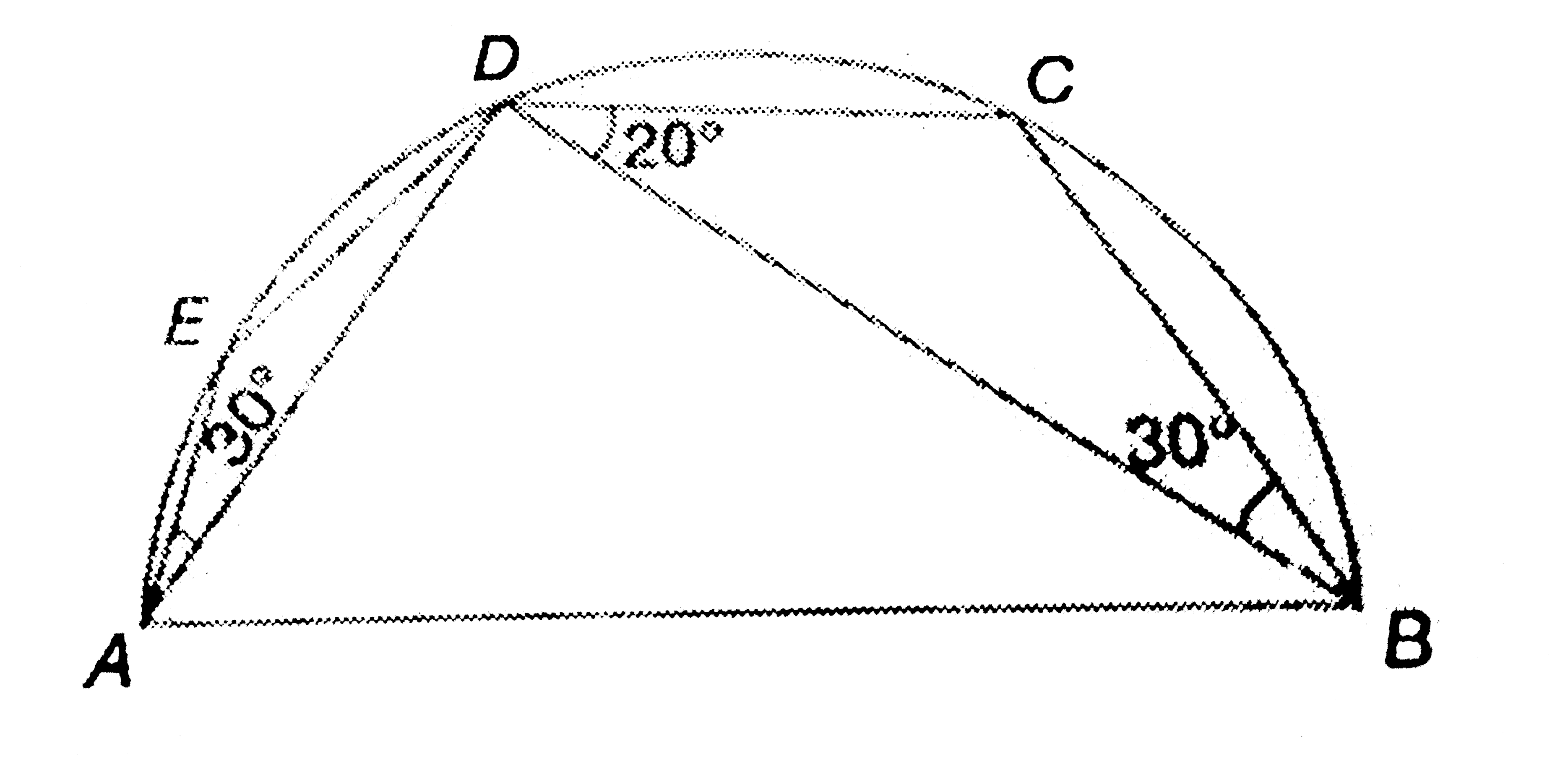 Find angleDBA, angleDAB and angleAED in the following figure, where ABCDE is a semi-circle.