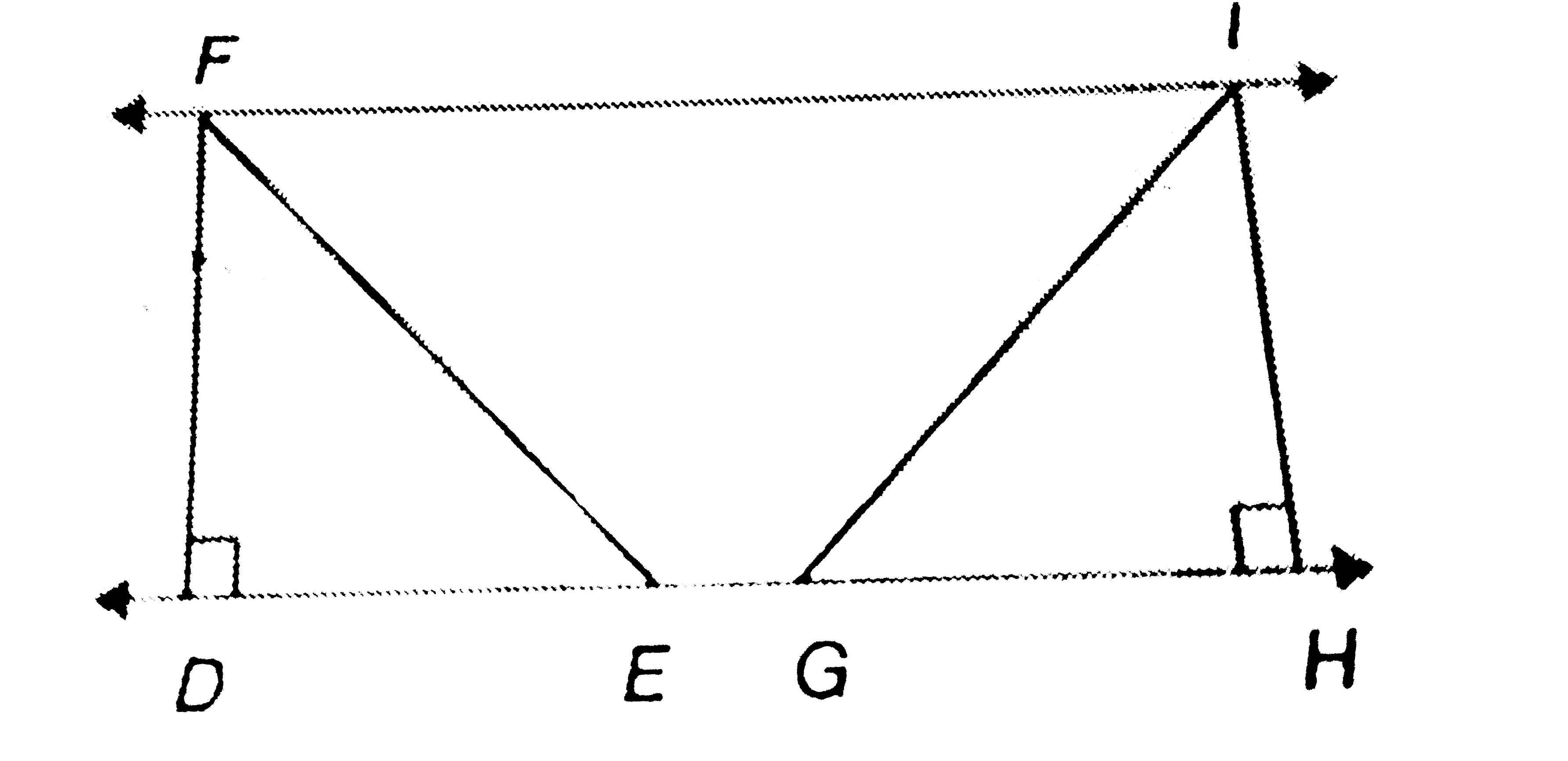 In the following figure, two isosceles right angled triangles, DEF and HGI are on the same base bar(DH) and bar(DH)  is parallel to bar(FI). If DE=GH=9 cm and DH=20 cm, then the area of the quadrilateral FEGI is………………….