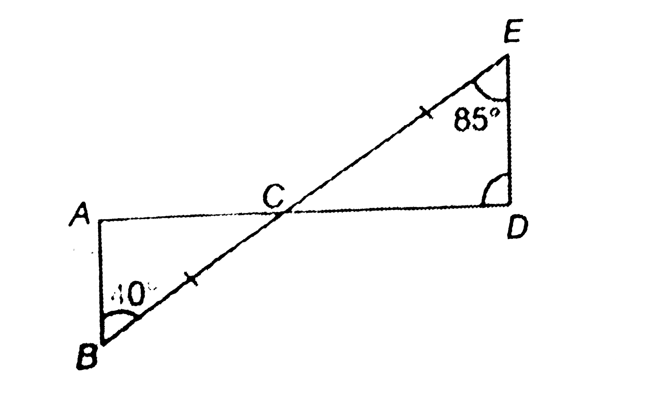 In the given figure, bar(AD) and bar(BE) intersect at C, such that BC = CE, angleABC=40^(@) and angleDEC=85^(@). Find angleBAC-angleCDE.