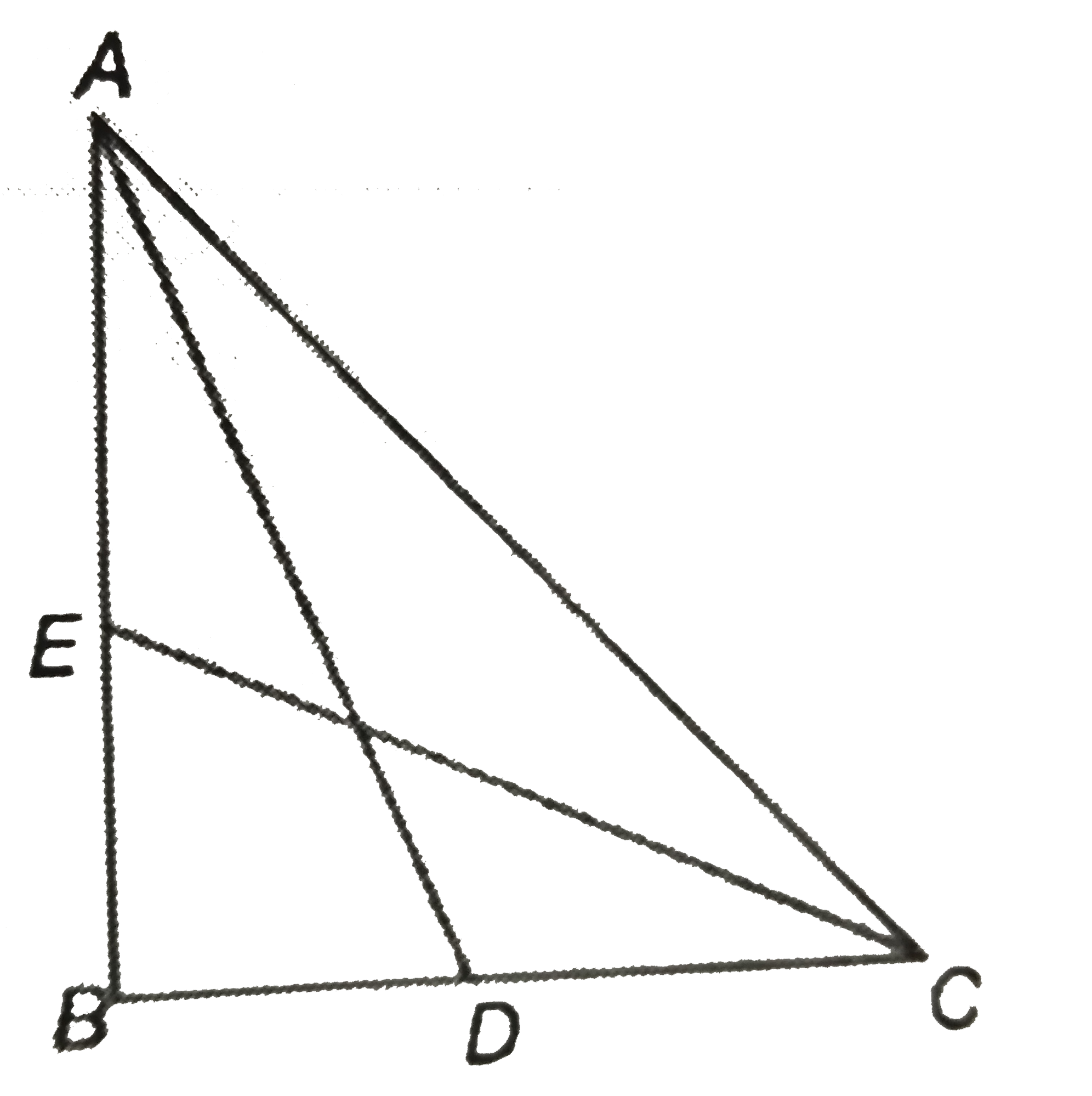 In the given figure, (not be scale), E and D are the mid-points of AB and BC respectively. Also, angleB=90^(@), AD=sqrt(292) cm  and CM=sqrt(208) cm. Find the AC.