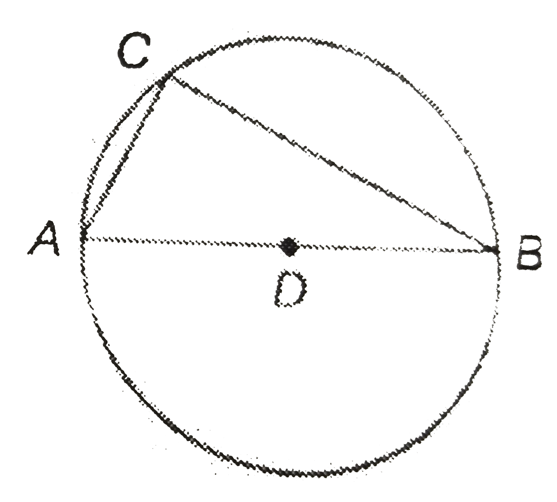 Show that any angle in a semi-circle is a right angle.   The following arc the steps involved in showing the above result. Arrange them in sequential order.   A) therefore angleACB=180^(@)/2=90^(@)   B) The angle subtended by an arc at the center is double of the angle subtended by the same arc at any point on the remaining part of the circle.   c) Let AB be a diameter of a circle with center D and C be any point on the circle. Join AC and BC.   D) therefore angleAD = 2 xx angleACB   180^(@)=2angleACB(therefore angleADB=180^(@))