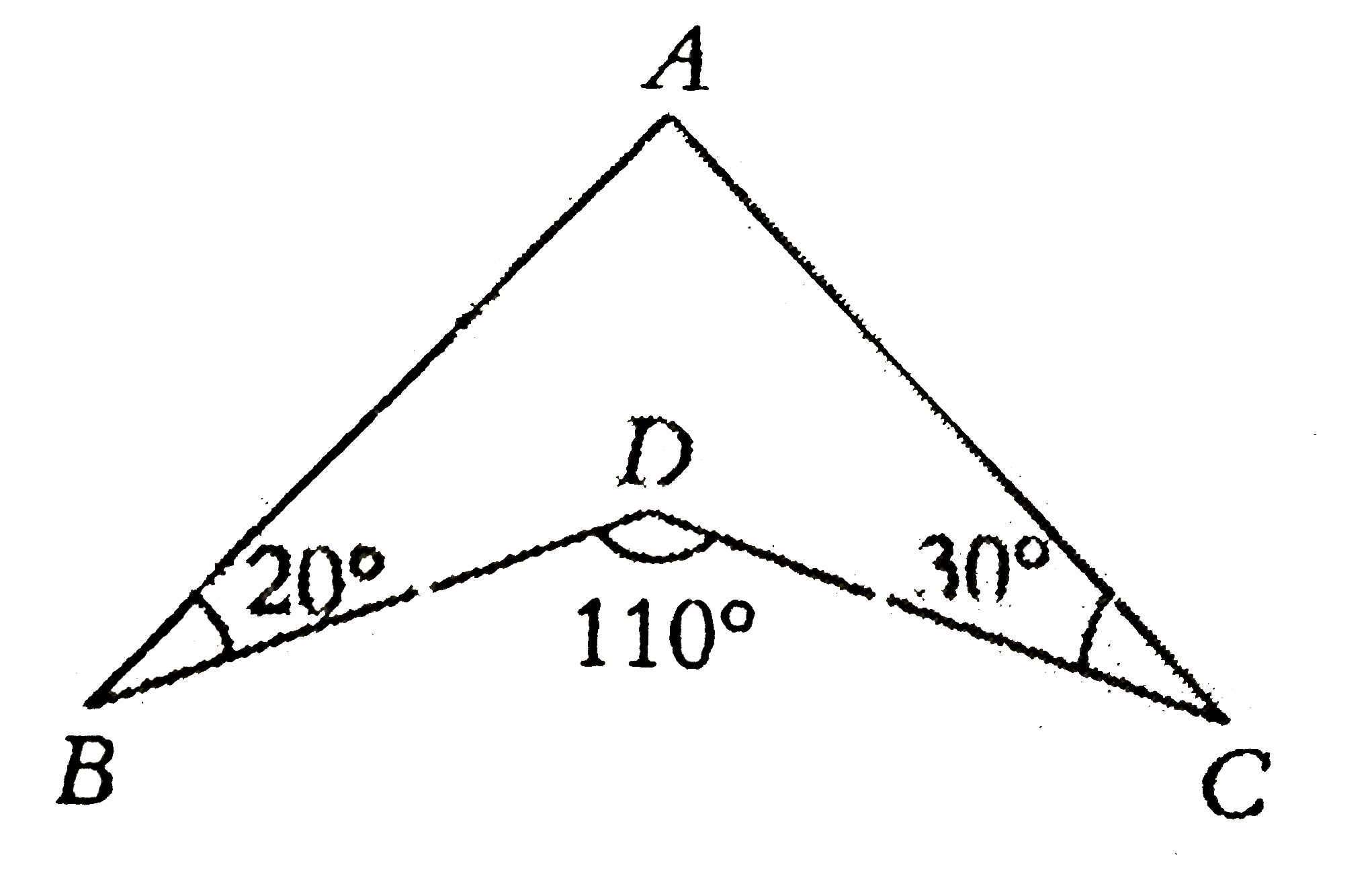 In the above figure, / ABD =20^(@), / BDC =110^(@) and / DCA =30^(@) . What is the value of / BAC ?