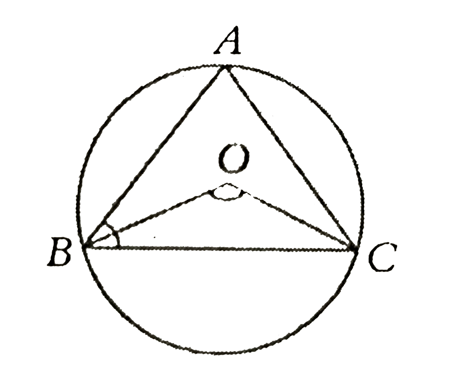 In the above diagram (not to scale), AB=AC=. O is the centre of the circle. If / ABC =80^(@), then / BOC =