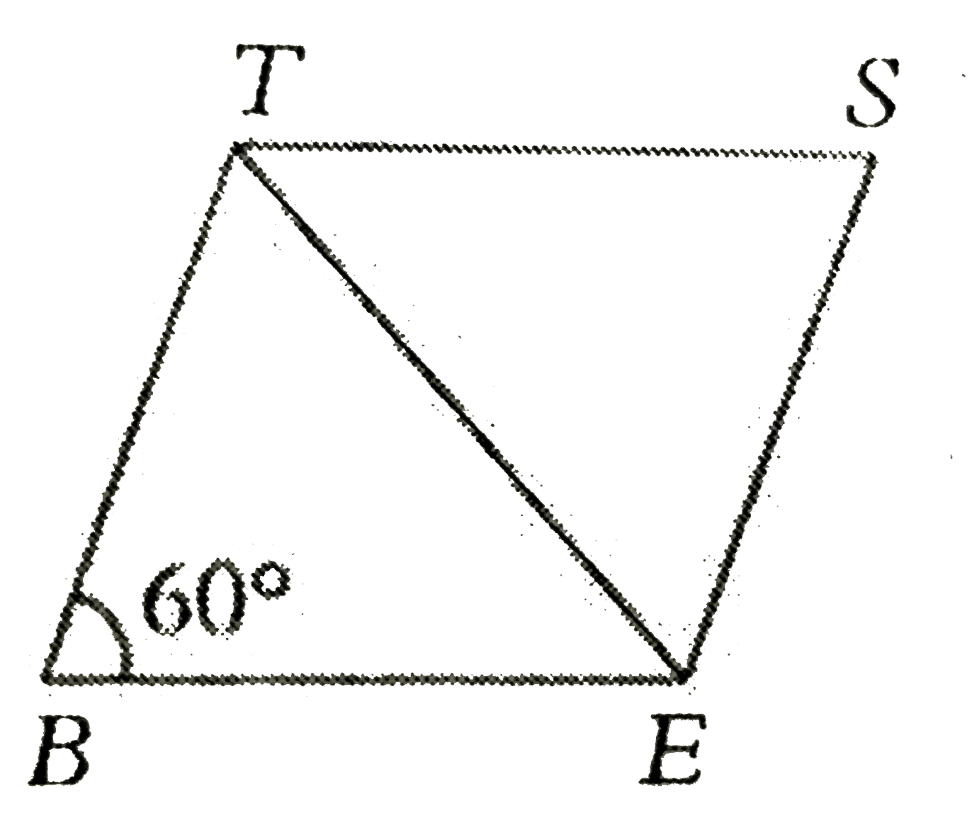 In a rhombus BEST,if / B=60^(@) and BT =6cm, then find the length of the diagonal TE.    The following are the steps involved in solving the above problem. Arrange them in sequential order.   (A) implies  Delta BTE is an equilateral triangle.   (B) Join T and E   (C ) In Delta BET, BT=BE implies / BTE =/ BET =(180^(@)-60^(@))/(2)=60^(@) ( :' / B=60^(@)) .   (D) TE=6 cm