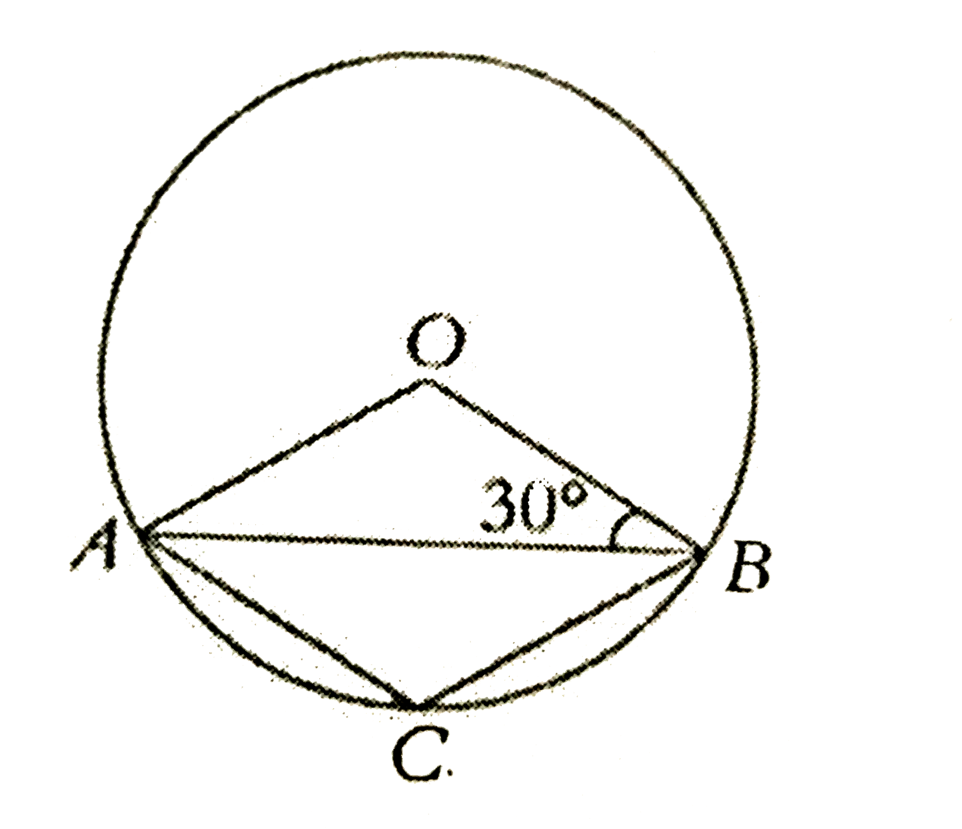 In the adjacent figure ( not to scale), O is the centre of the circle and /OBA =30^(@). Find / ACB.   The following sentences ae the steps involved in solving the above problem. Arrange them in sequential order from the first to the last.      (A) /OAB =30^(@), / OBA =30^(@)    implies / AOB =180^(@) -30^(@)-30^(@) =120^(@)   (B) We known that / ACD =(