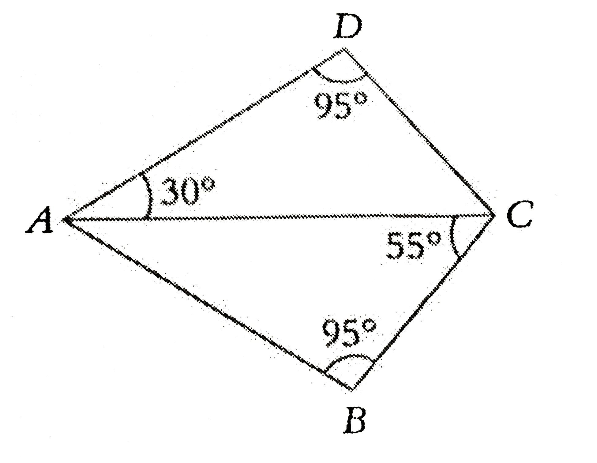 In the following figure, /DAC=30^(@),/ABC=/ADC=95^(@) and /BCA=55^(@). If the area of Delta ACD is 30cm^(2), what is the area  of Delta ABC ?