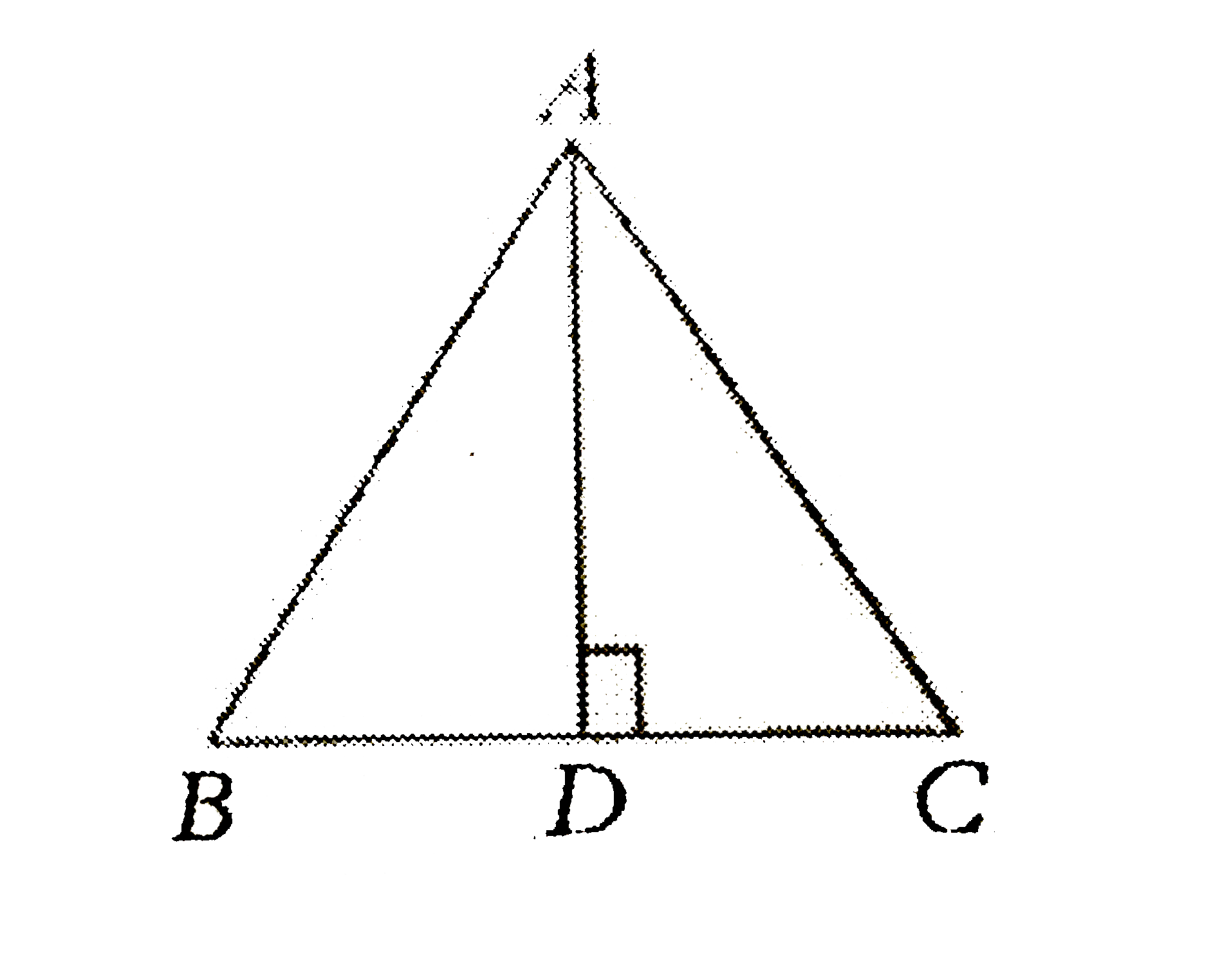 In the figure above, ABC is a triangle in which BC=10 cm and AC=13 cm. If AD is the perpendicular bisector of BC, then find the length of AD.