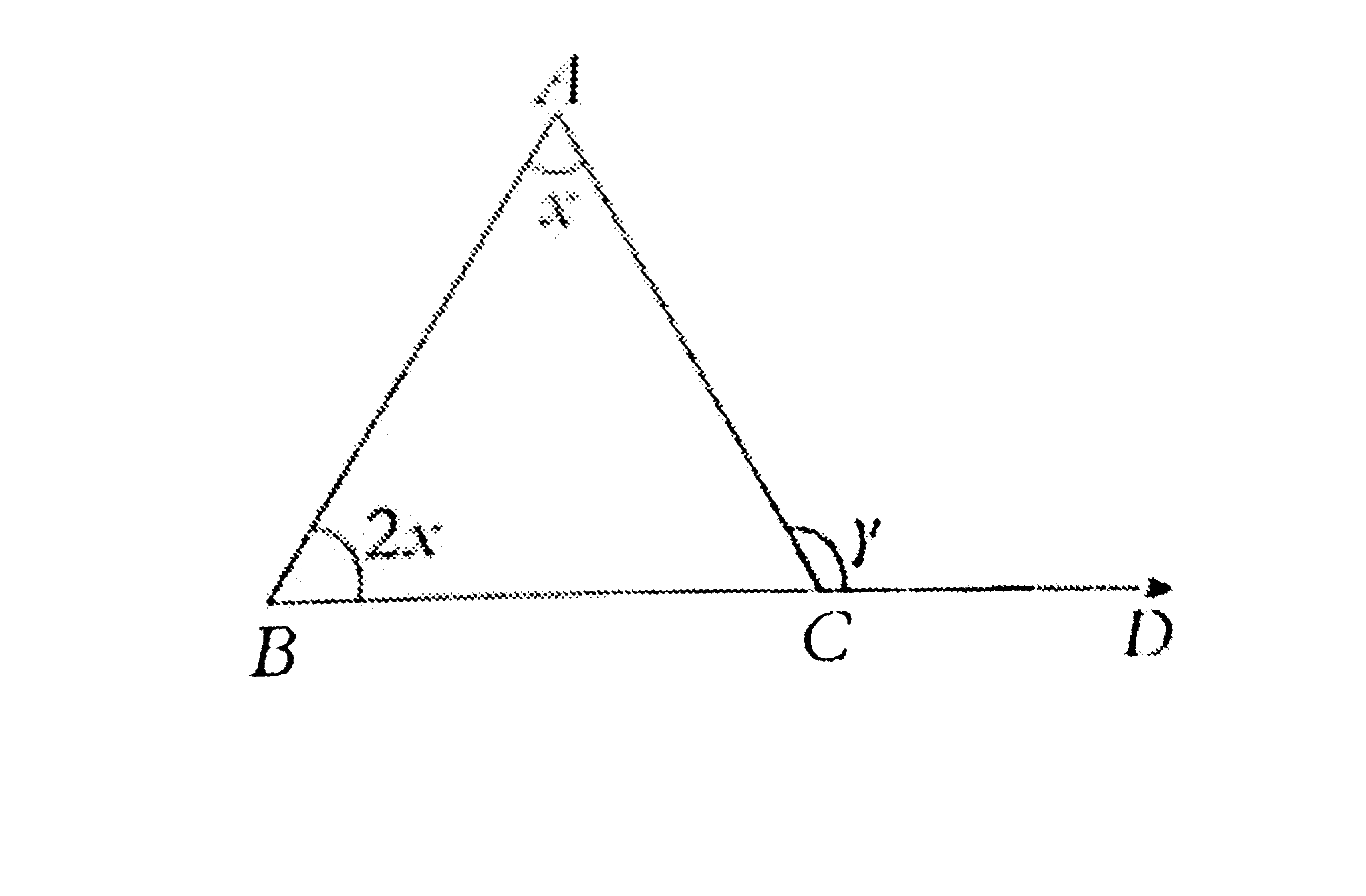 In the figure given below, AB=AC and BC is extended to the point D. Find y-x