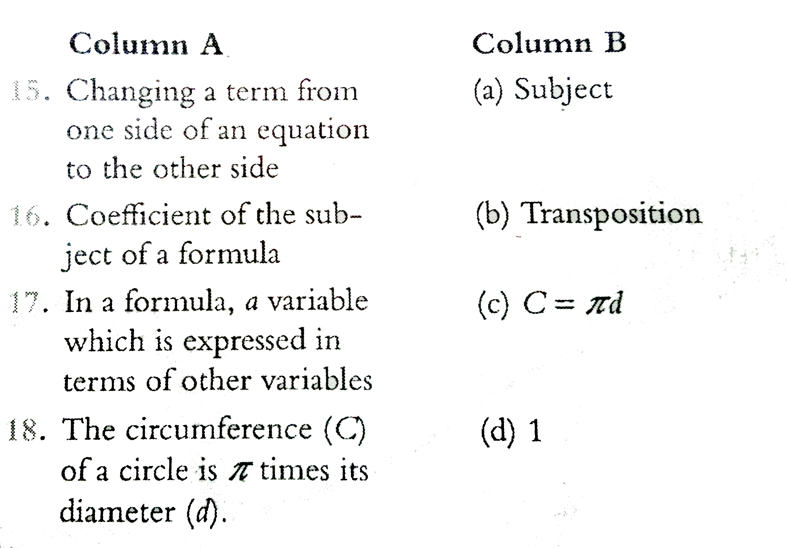 Match the following Column A to Column B