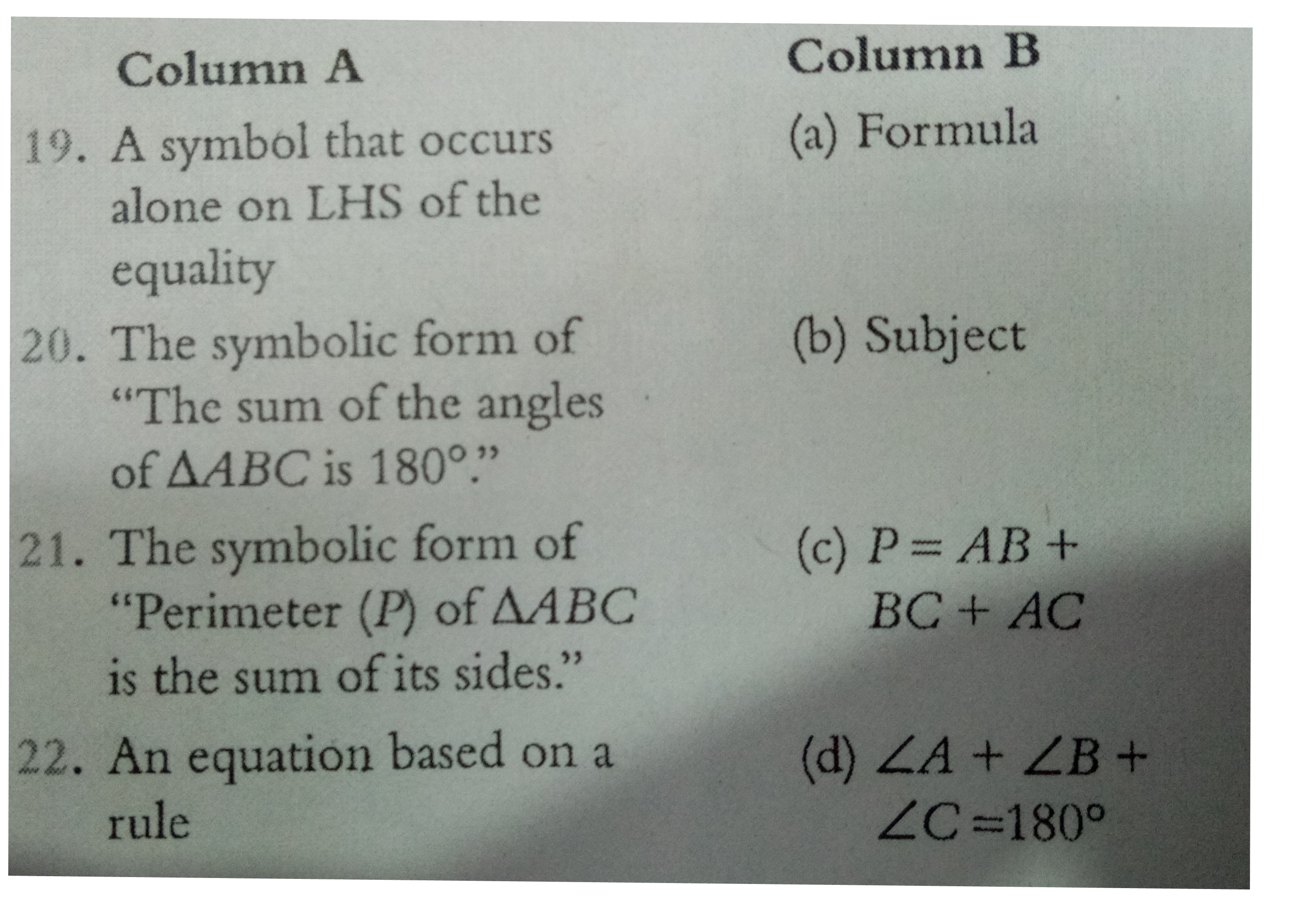 Match the following Column A to Column B