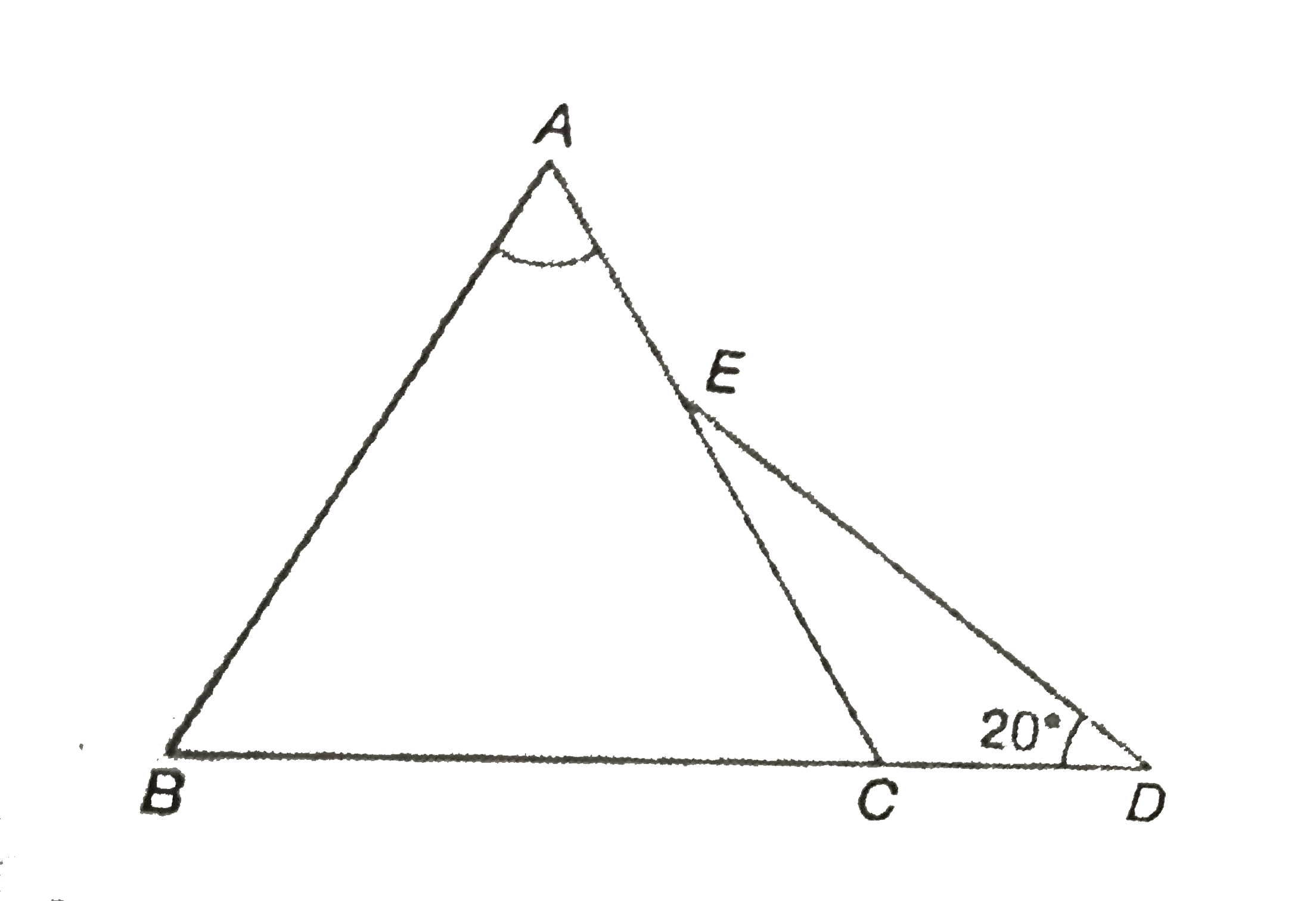 In the figure, AB = AC and BC is procured to D, if angleCDE=20^(@) and angleBAC=80^(@), then find the angle of angleCED.