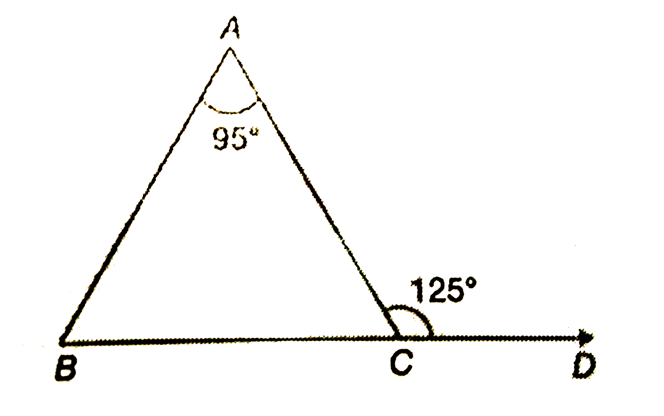 In the given figure, C is a point on the line segment BD. Find the measurements of angleACB and angleABC.
