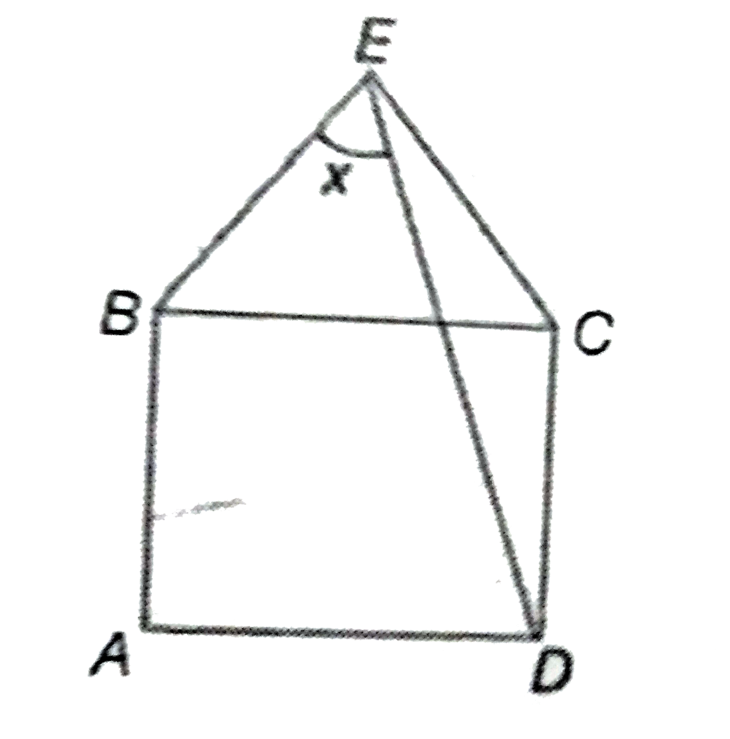 In the figure given below, equilateral triangle ECB surmonunts sqaure ABCD. Find the angle BED represented by x.