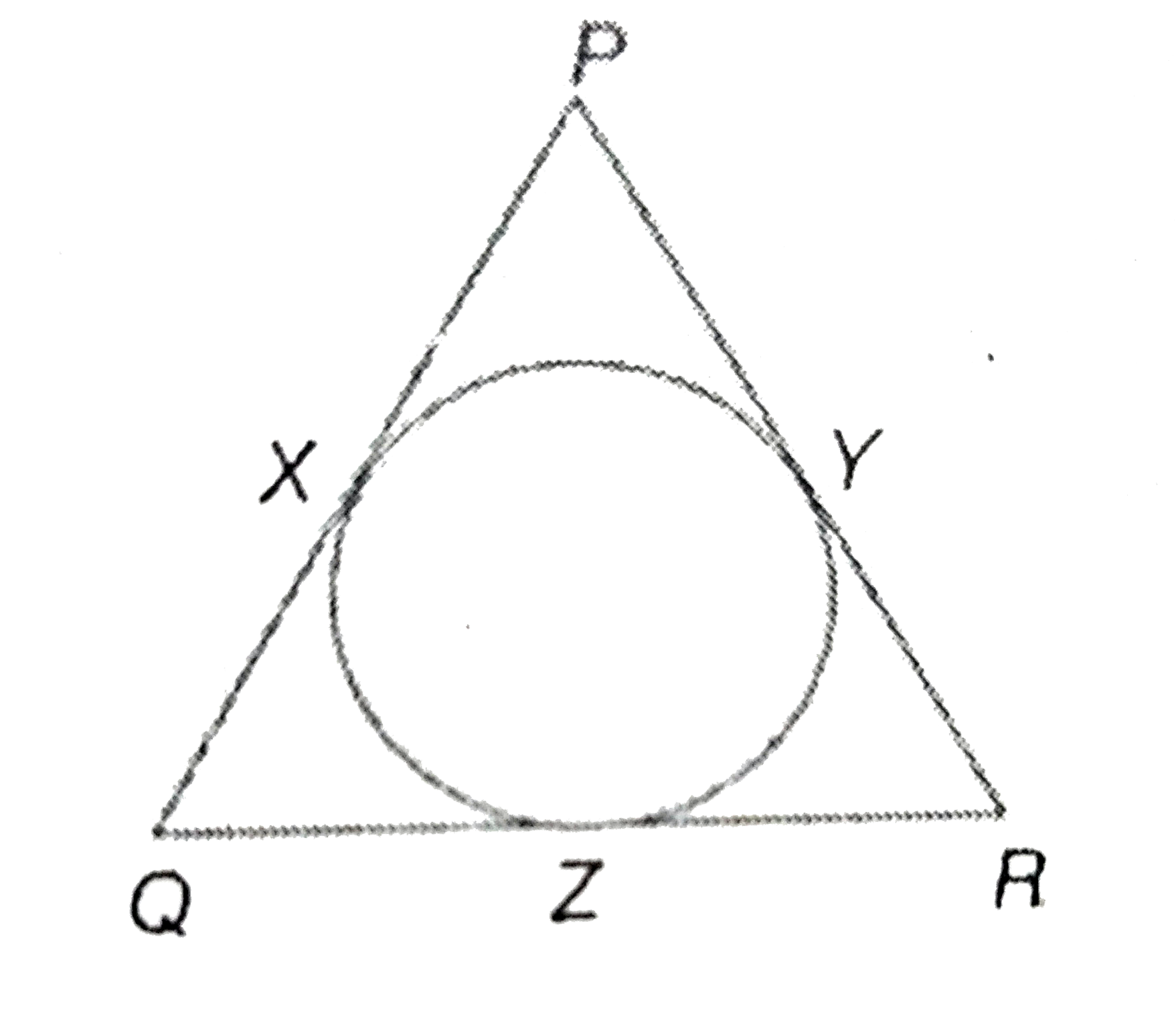 In the following figure, X,Y and Z are the points at which the incircle touches the sides of the triangle. If PX=4cm,QZ=7 cm and YR=9 cm, then the perimeter of triangle PQR is