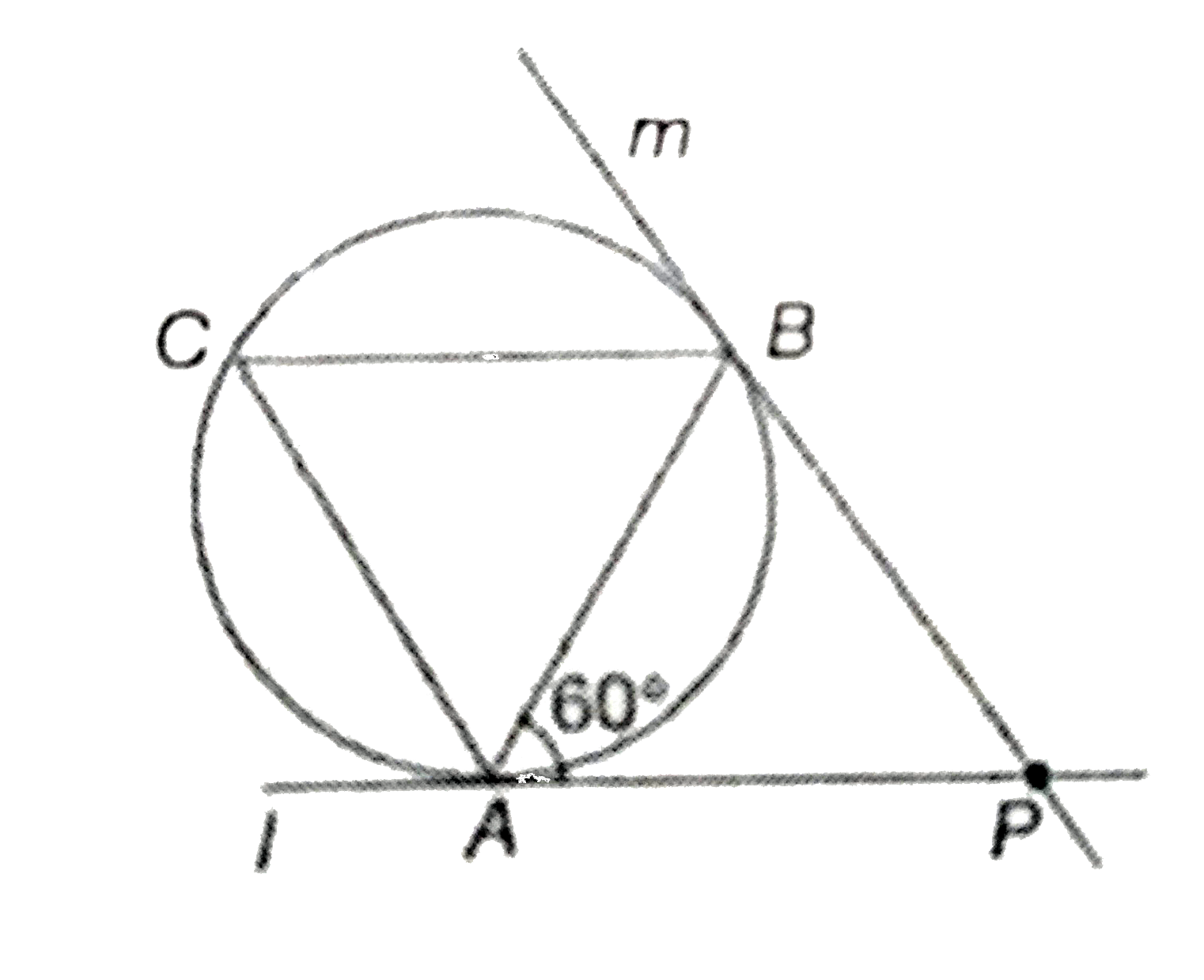 In the following figure, If l and m are two tangents and AB is a chord making and angle of 60^@ with the tangent l, then the angle between l and m is .