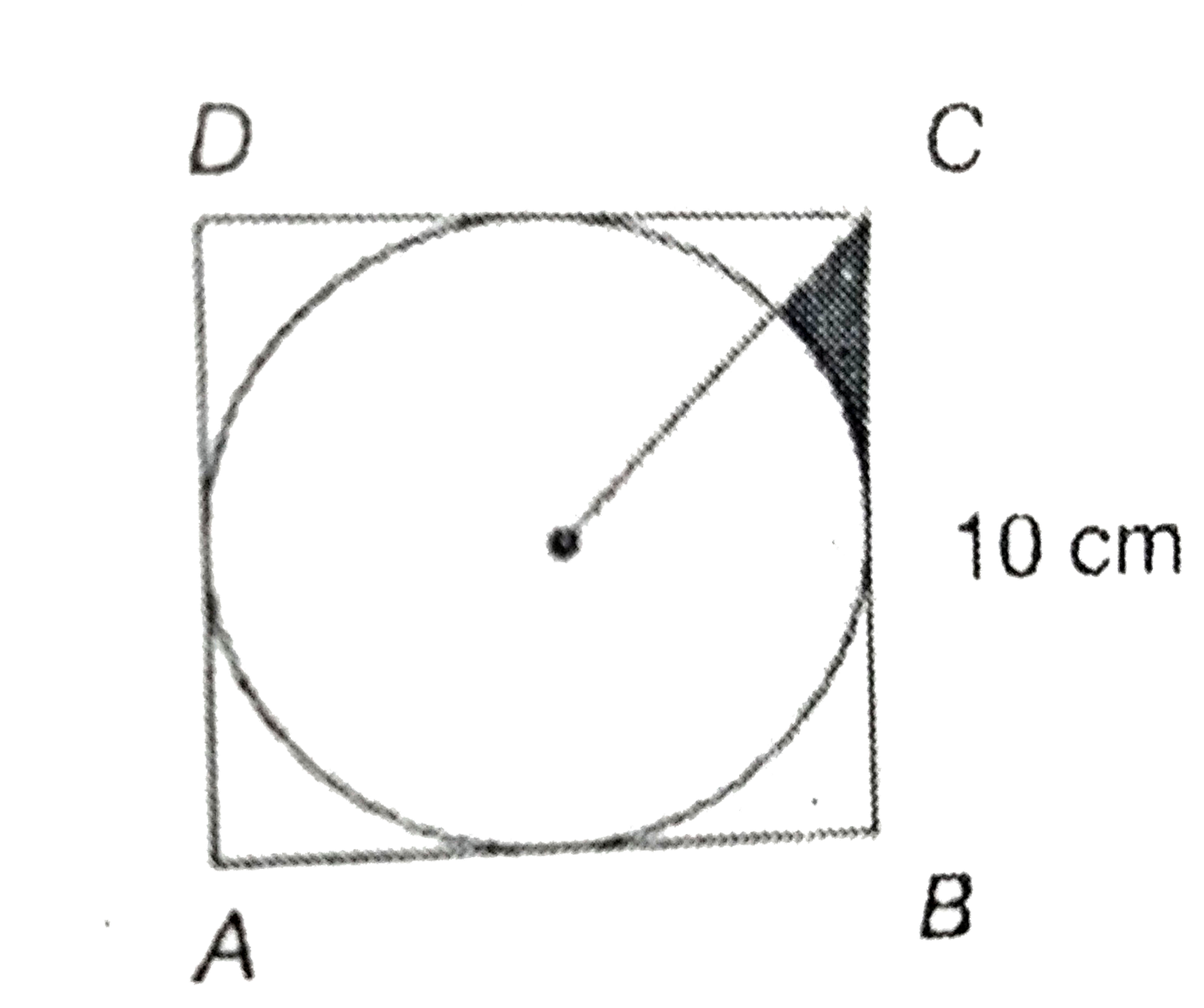 In the figure given below, ABCD is a square of side 10 cm and a circle is inscribed in it. Find the area of the shaded part as shown in the figure.