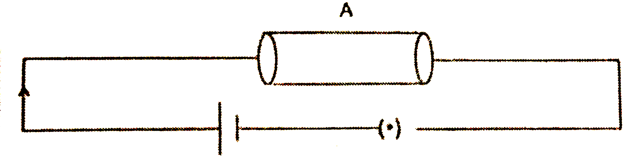 A is a conducting  rod connected to a  cell as shown in the diagram.      If 5 A of current passes through the circuit for 5 s, find the amount charge accumulated on 'A'.
