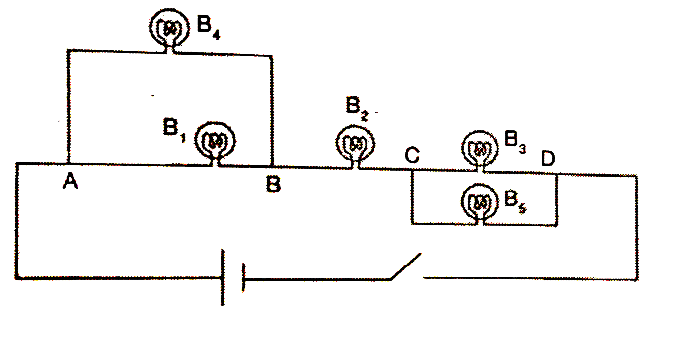 Bharat takes five identical  bulbs B(1), B(2), B(3), B(4) and B(5) and connects them to a cell as shown in the figure. He compares   (i) The current passing through the different bulbs and    (ii) the potential difference across different  bulbs when the circuit is closed. What does he conclude?