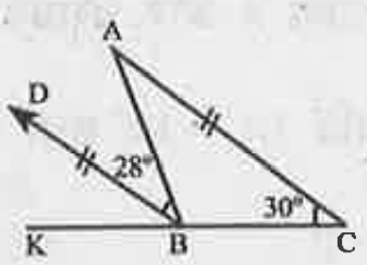 पार्श्व चित्र में ABC एक त्रिभुज है तथा BD भुजा AC के समान्तर है, /ABC=30° तथा  /ABD=28°, /ABC,/DBK और /BAC के मान ज्ञात कीजिए।