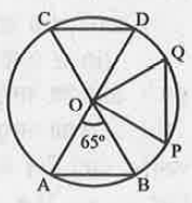 पार्श्व चित्र में O वृत्त का केंद्र है। इस वृत्त की तीन जीवायें AB,PQ एवं CD इस प्रकार खींची गई है कि AB=PQ=CD। यदि /AOB=65°,तो /POQ एवं  /COD के मान क्या होंगे?