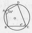 पार्श्व चित्र में ABCD एक चक्रीय चर्तुभुज है। यदि /C=x° और /A=2x°, तो x का मान ज्ञात कीजिए।