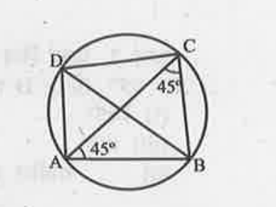 पार्श्व चित्र में एक वृत्त के अंतर्गत एक चक्रीय चतुर्भुज ABCD है। विकर्ण AC और BD खींची गए हैं यदि /ACB=55° और /BAC=45°,  तो /ADC ज्ञात कीजिए।
