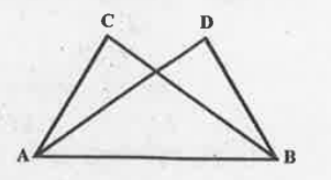 परशंकित चित्र में ∆ABC और ∆ABD, एक ही भुजा AB पर बने त्रिभुज हैं। AC = BD तथा BC = AD हैं। निम्नांकित कथन में कौन सत्य/असत्य है?   ∆ABC ~= ∆ABD