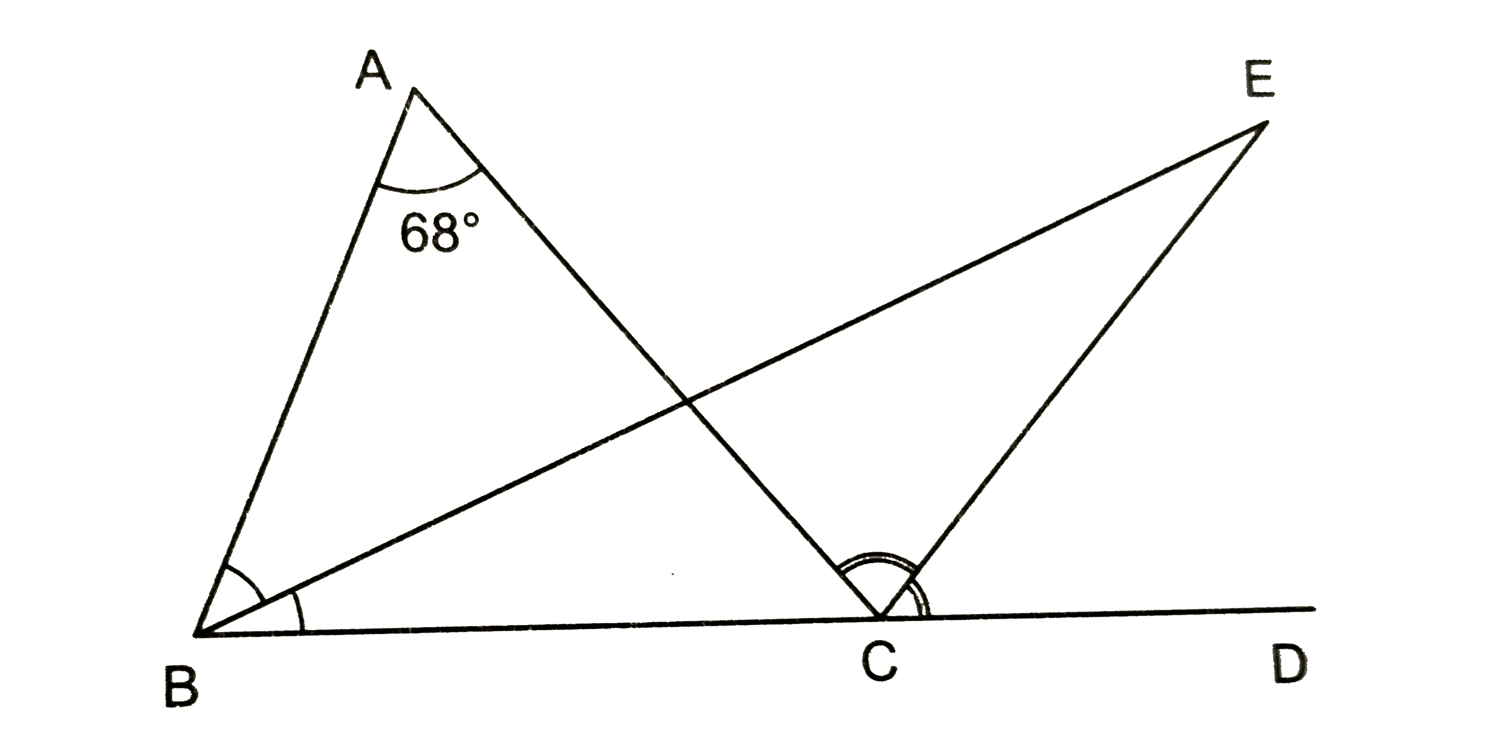 चित्र 9.42 में त्रिभुज ABC की भुजा BC को D तक बढ़ाया गया है। angleABC तथा angleACD के समद्विभाजक बिन्दु E पर काटते है। यदि angleBAC = 68^(@) हो, तो angleBEC का मान ज्ञात करो।