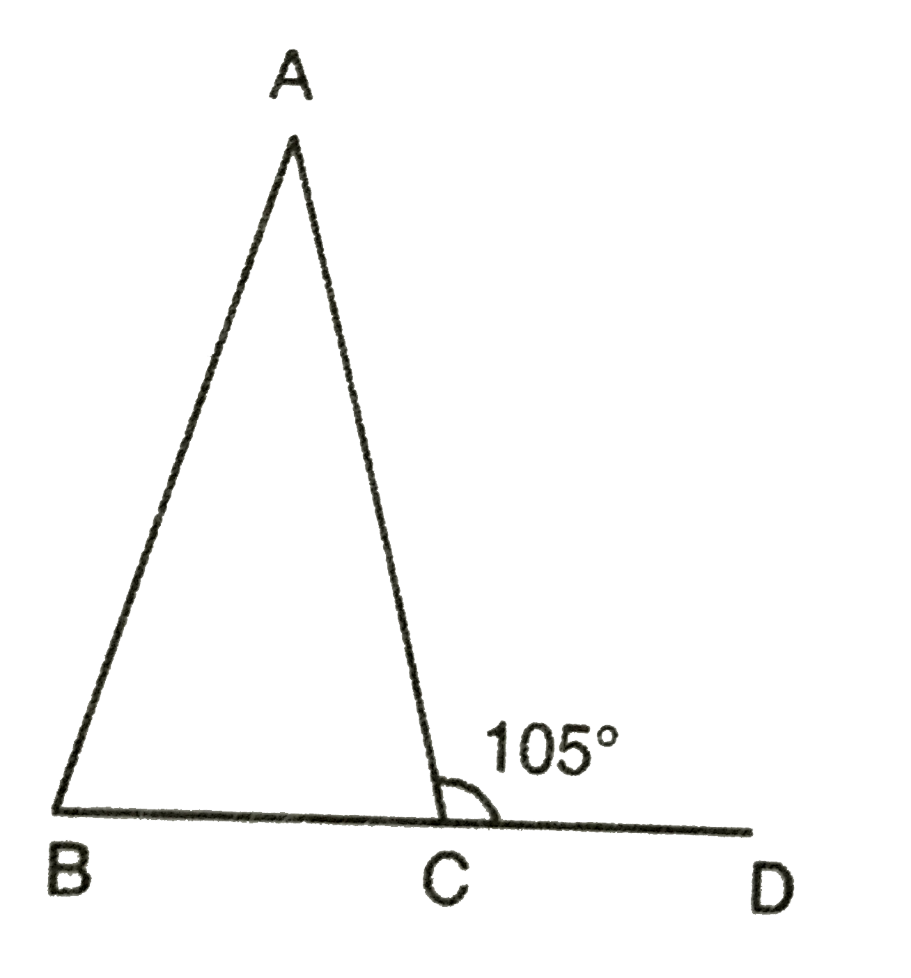 AB=AC तथा angleACD=105^(@)है, तो angleBACज्ञात कीजिए |