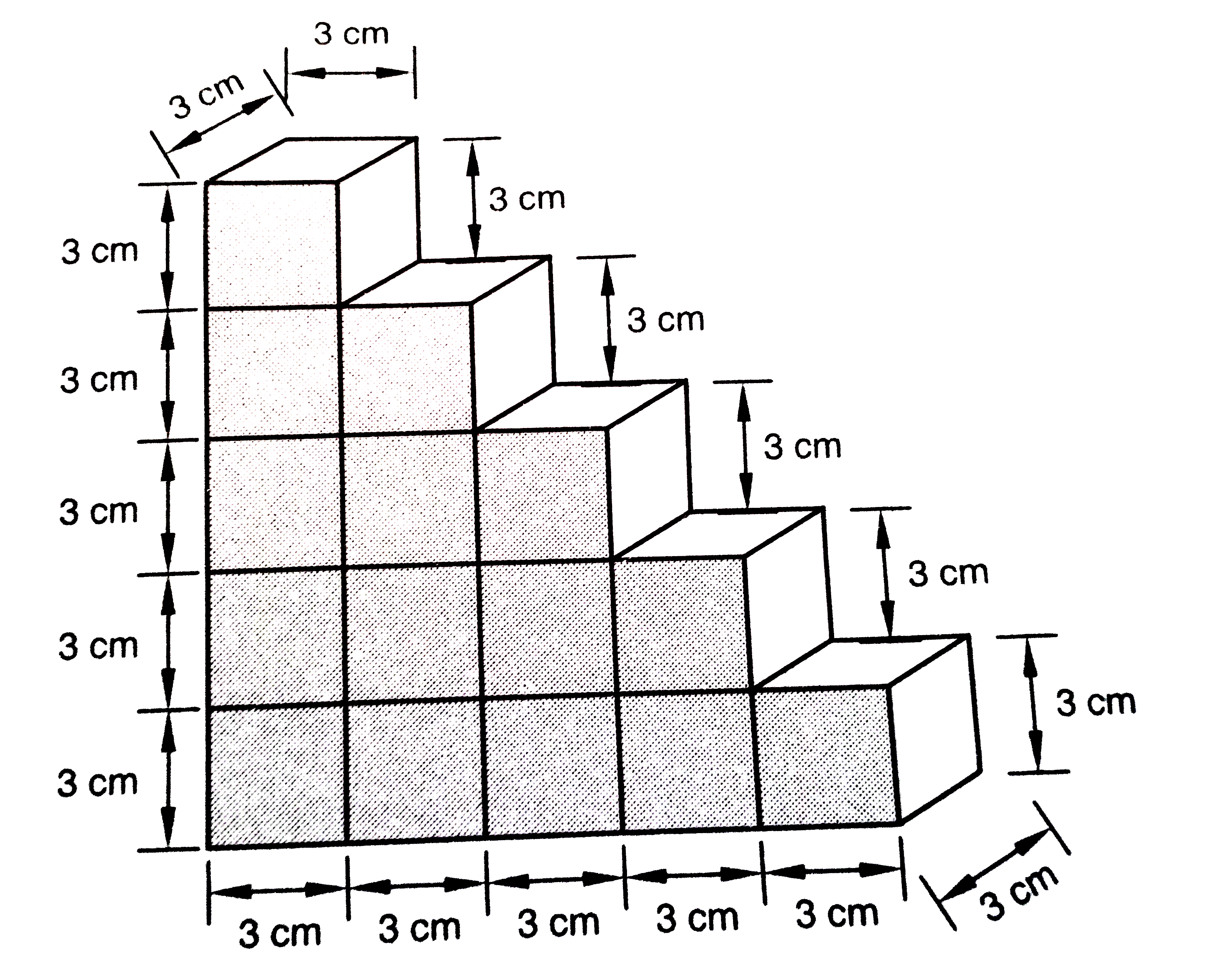 एक बच्चा भवन ब्लाकों से खेल रहा है , जो घनों के आकार के है । उसने इस घनों से चित्र 18.12 में दर्शाए अनुसार  एक ढांचा  बना लिया है । यदि  प्रत्येक  घन का किनारा 3 सेमी. हो तो बच्चे  द्वारा  बनाए गए ढ़ांचे का आयतन  ज्ञात करें ।