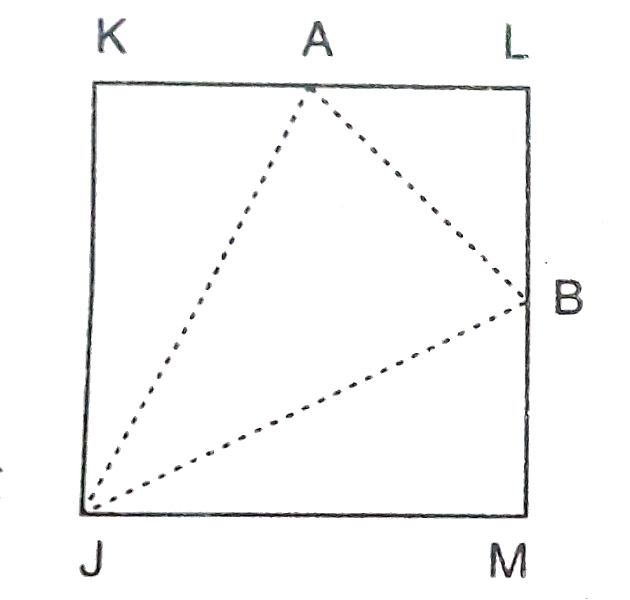 चित्र  में 6 इकाई भुजा वाला एक वर्ग JKLM है।  बिन्दु A तथा B भुजा तथा  KL पर मध्य बिन्दु हैं। यदि एक बिन्दु यादृच्छया वर्ग के अन्दर चुना जाता है तो इसकी क्या प्रायिकता होगी कि चुना  गया बिन्दु  triangleJAB के अन्दर होगा।
