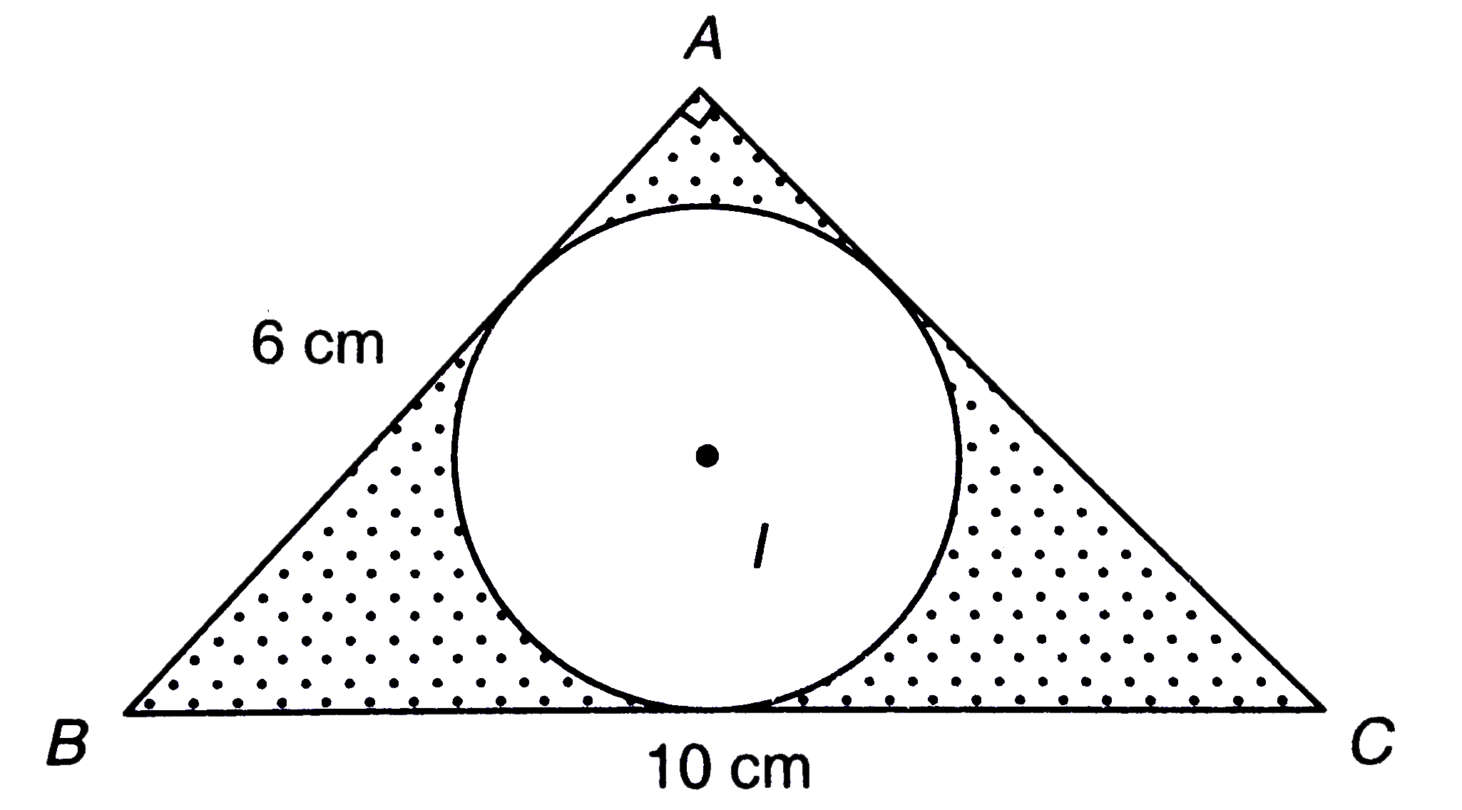 संलग्न चित्र में, त्रिभुज ABC शीर्ष बिन्दु A पर एक समकोण त्रिभुज है | जहाँ AB = 6 सेमी., BC = 10 सेमी. तथा I, DeltaABC के अन्त:वृत्त का केन्द्र है, तो छायांकित भाग का क्षेत्रफल ज्ञात कीजिए |