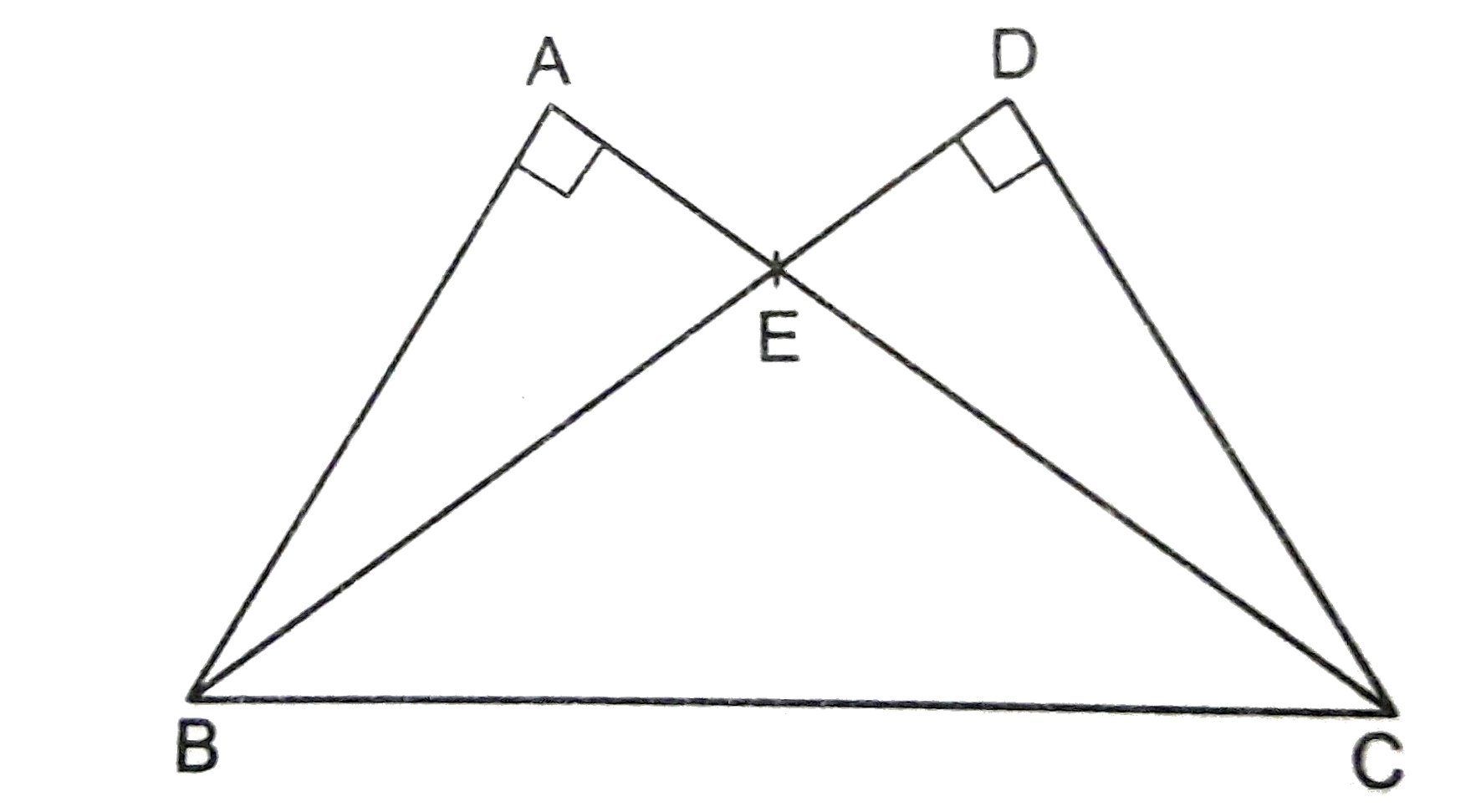 चित्र 4 में, दो त्रिभुजें ABC तथा DBC उभयनिष्ठ भुजा BC के एक ही ओर स्थित हैं जिनका angle A =angle D=90^(@) है। यदि भुजाएँ CA तथा BD एक दूसरे से बिन्दु E पर मिलती हों, तो सिद्ध कीजिये की AE xx CE=BE xx DE