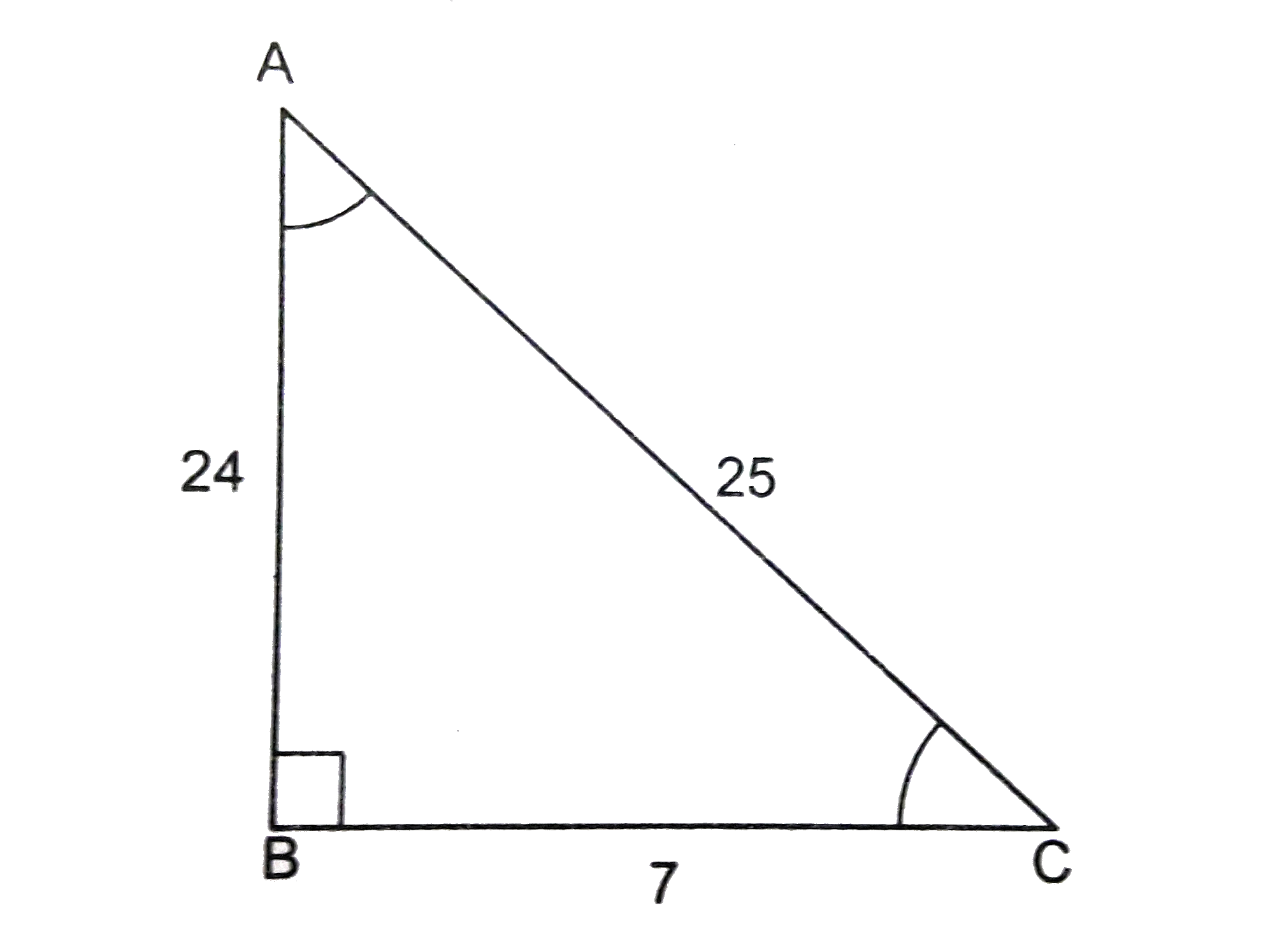चित्र 5 में, समकोण triangleABC जिसका कोण B समकोण है, यदि BC =7 सेमी. तथा AC-AB =1 सेमी. हो, तो cos A - sin A का मान ज्ञात कीजिए।