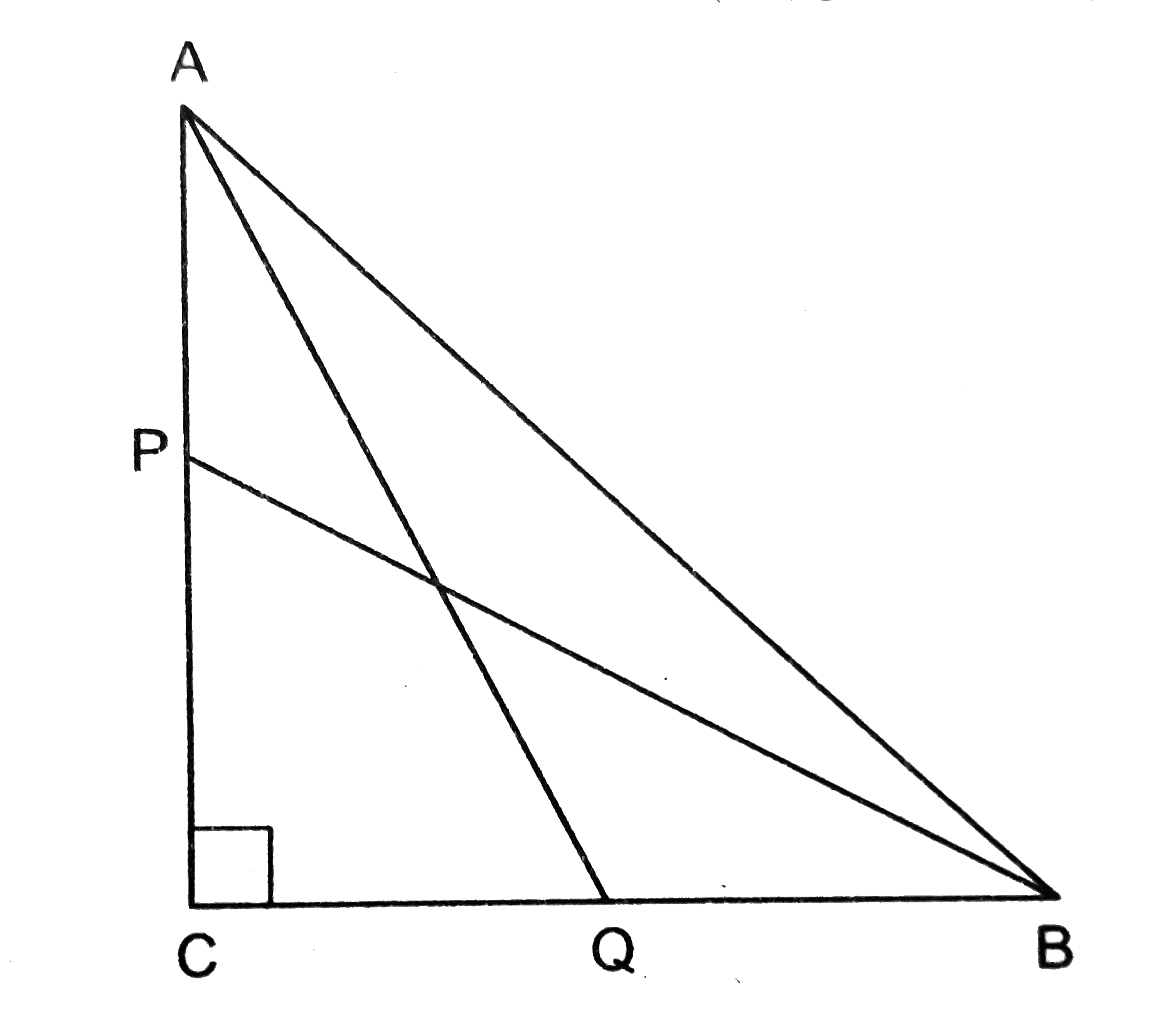 चित्र 6 में, एक समकोण त्रिभुज ABC जिसका कोण C समकोण है। यदि P तथा Q क्रमश: भुजा CA तथा CB के मध्य बिन्दु हैं, तो सिद्ध कीजिए कि 4(AQ^2+BP^(2))=5AB^(2)