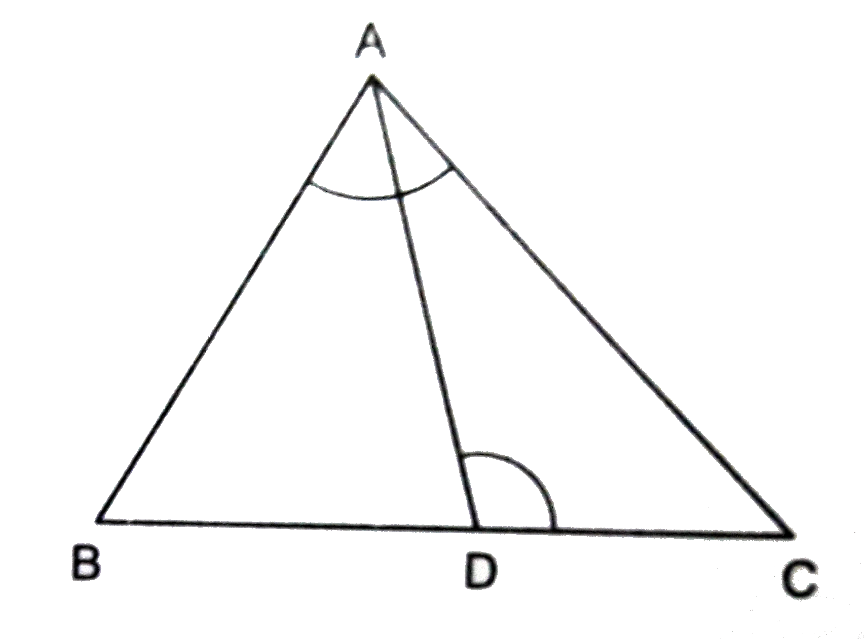 चित्र 1 में त्रिभुज ABC की भुजा BC पर बिन्दु D इस प्रकार है कि angleADC= angleBAC, तो सिद्ध कीजिए (CA)/(CD)=(CB)/(CA)
