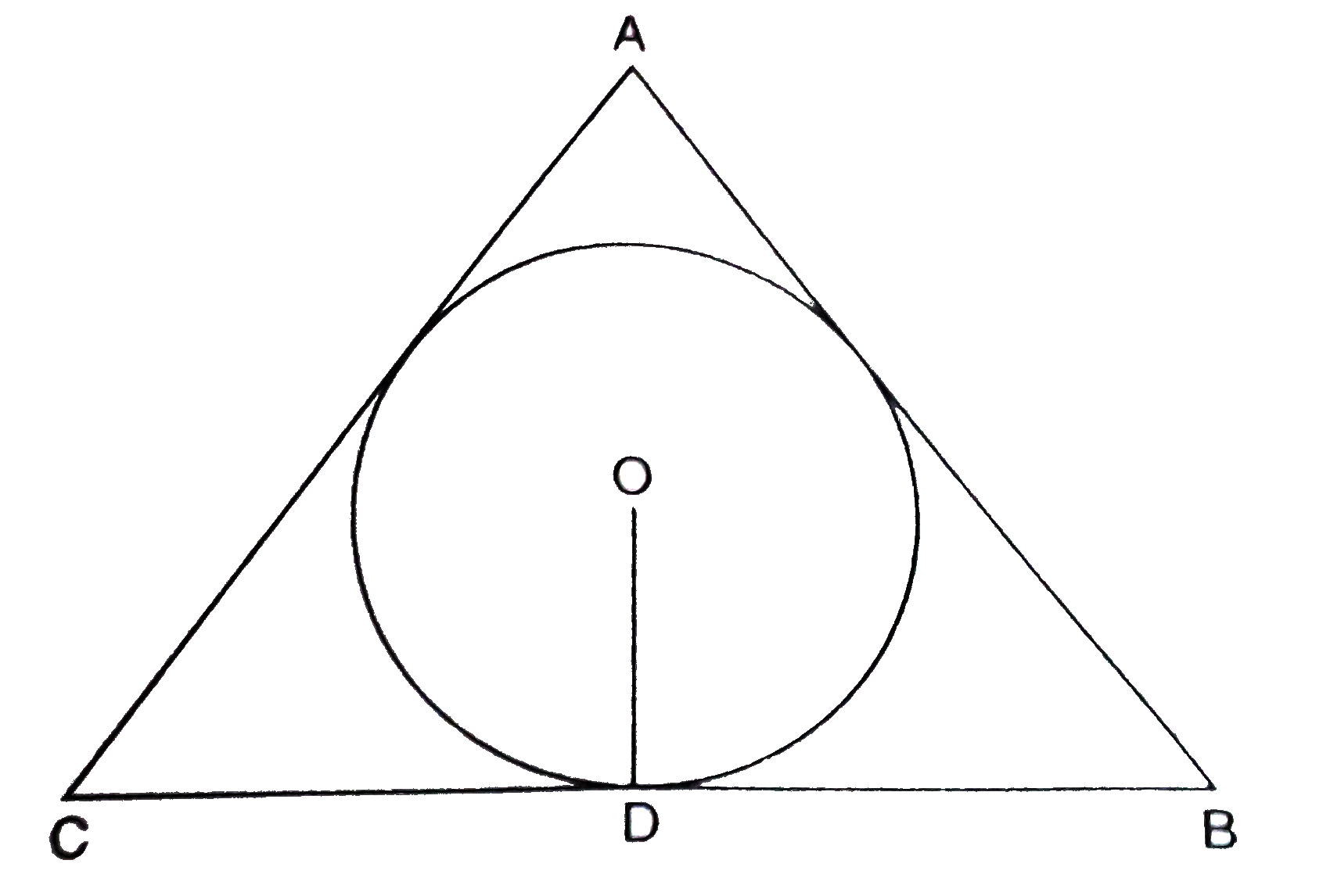 4 सेंमी त्रिज्या वाले एक वृत्त के परिगत एक त्रिभुज ABC इस प्रकार खींचा गया कि रेखाखण्ड BD और DC, जिनमें स्पर्श बिन्दु D द्वारा BC विभाजित है, की लम्बाईयाँ क्रमशः 8 सेमी और 6 सेमी हैं। यदि त्रिभुज ABC का क्षेत्रफल 84 सेमी