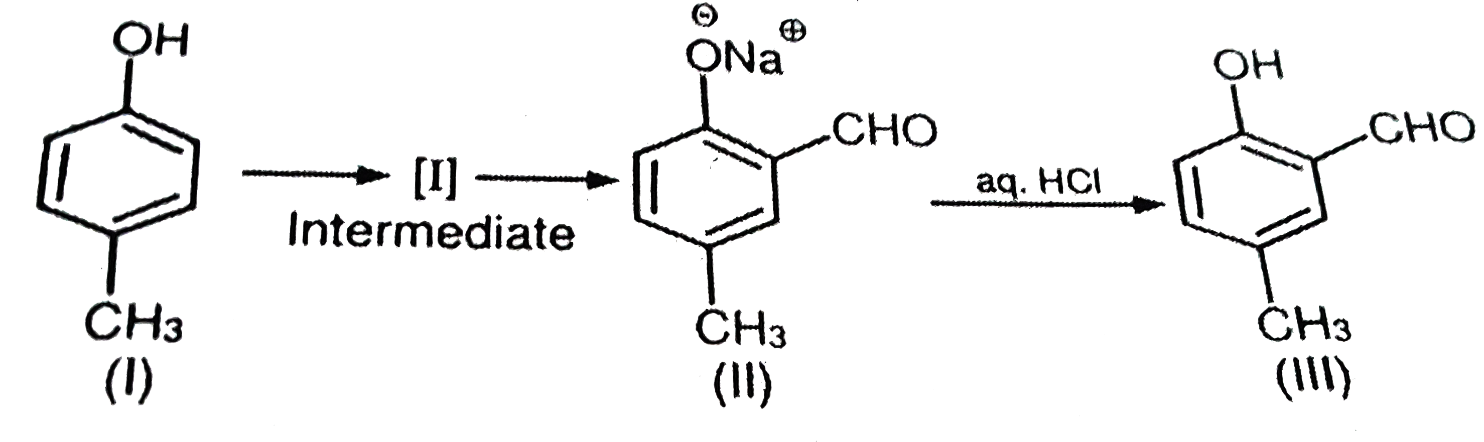 Riemer-Tiemann reaction intorduces an aldehyde group, on to the aromatic ring of phenol, ortho to the hydroxyl group. This reaction involves electrophilic aromatic substitution. This is a general method for the synthesis of substitued salicyladehydes as depicted below.      The structure of the intermediate I is: