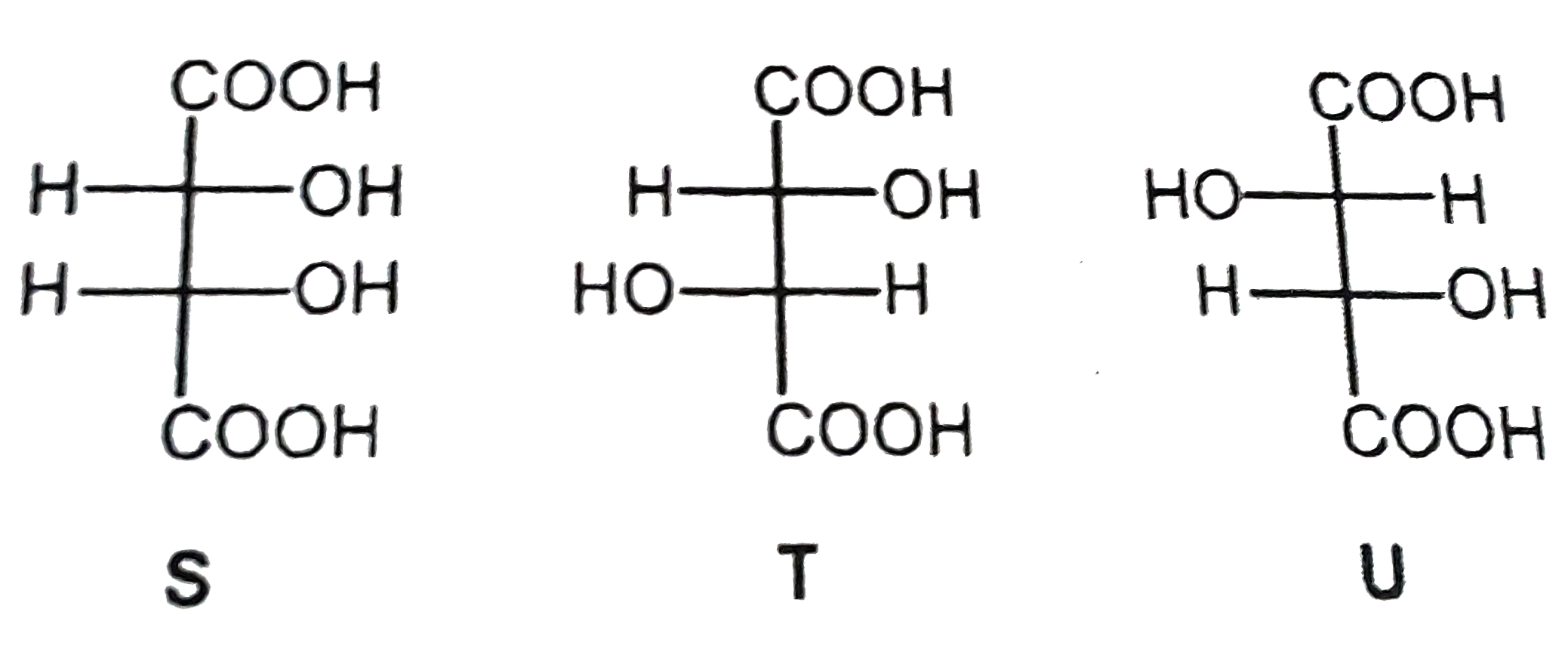 P and Q are isomers of dicarboxylic acid C(4)H(4)O(4). Both decolorize Br(2)//H(2)O. On heating, P forms the cyclic anydride.   Upon treatment with dilute alkaline KMnO(4), p as well as Q could produce one or more than one from the S,T and U      Compounds formed from P and Q are, respectively: