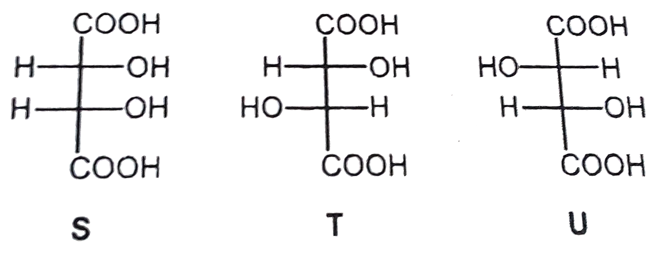 P and Q are isomers of dicarboxylic acid C(4)H(4)O(4). Both decolorize Br(2)//H(2)O. On heating, P forms the cyclic anydride.   Upon treatment with dilute alkaline KMnO(4), p as well as Q could produce one or more than one from the S,T and U       In the following reaction, sequences V and W are respectively.