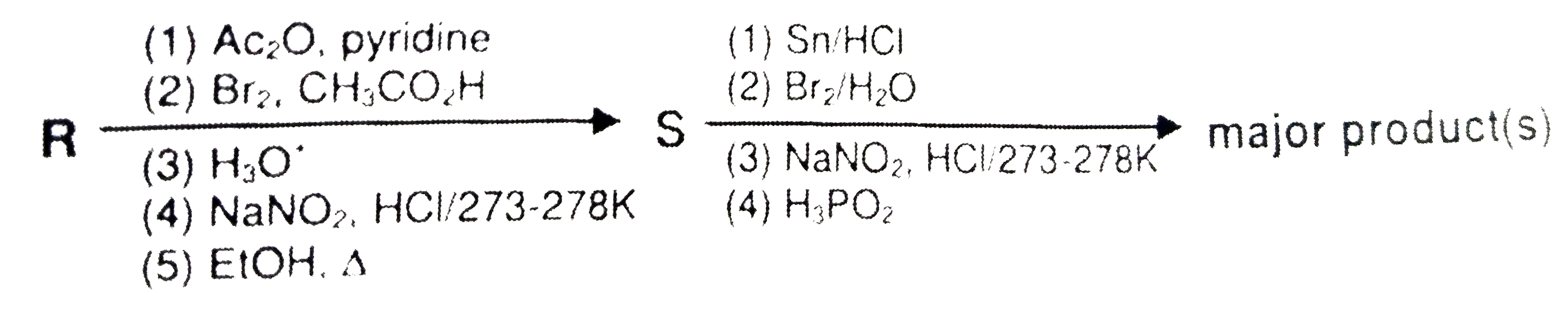 Aniline reacts with mixed acid (conc. HNO(3) and conc. H(2)SO(4)) at 288 K to give P (51%), Q (47%) and R(2%). The major product (s) of the following reaction sequence is (are)