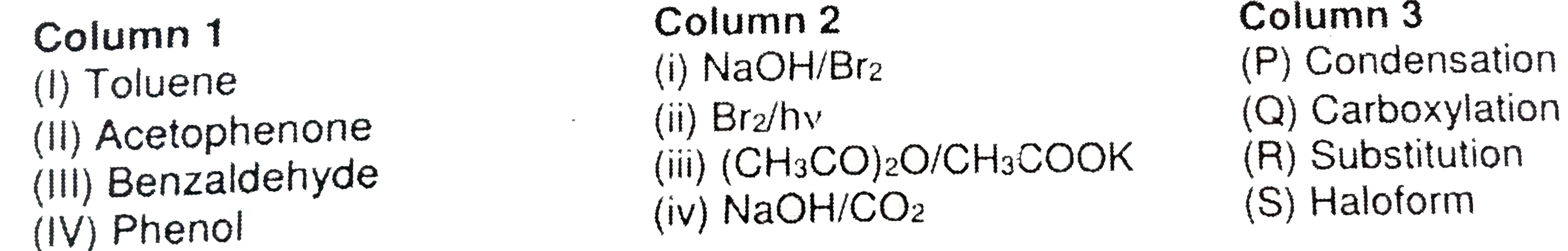 Column 1,2 and 3 contain starting materials, reaction conditions, and type of reactions, respectively       For the synthesis of benzoic acid, the only CORRECT combination is
