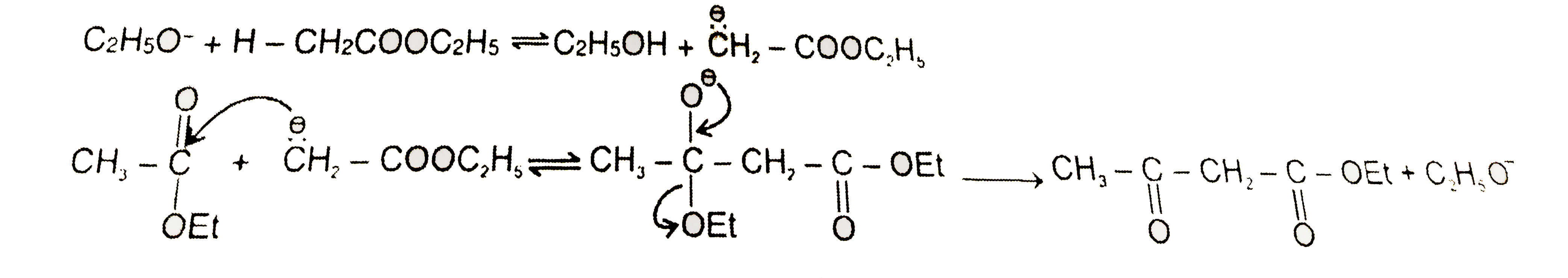 Ester having alpha-hydrogen on treatement with a strong base eg. C(2)H(5)Ona undergoes self condensation to produce beta-keto esters. This is called claisen condensation        C(6)H(5)-underset(O)underset(||)(C)-OC(2)H(5)+CH(3)-underset(O)underset(||)(C)-OC(2)H(5) overset((1) C(2)H(5)overset(Theta)(O)Na^(o+))underset((2) H^(o+))to