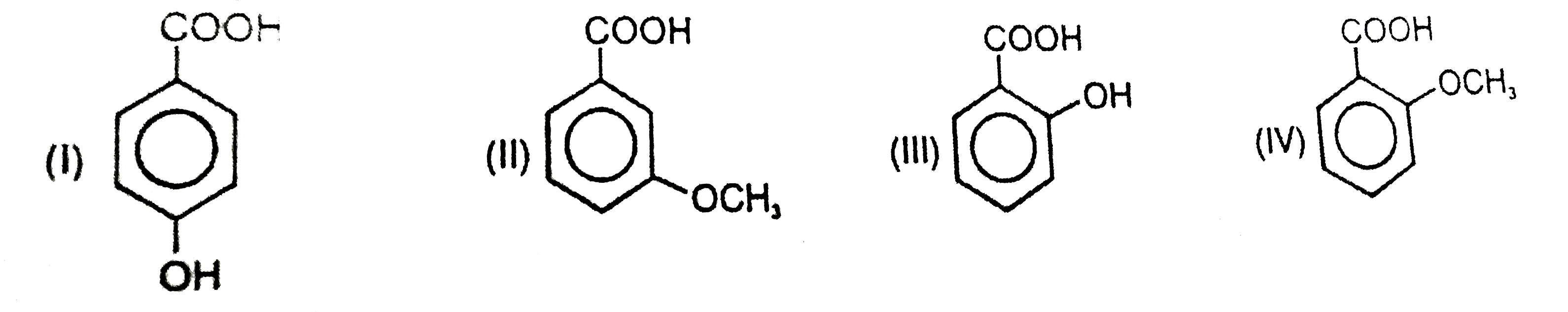 Ortho effect is special type of effect that is shown by o-subsituents .This ortho-effect operates at the benzoic acids irrespective of the polar type. Nearly all o-substituted benzoic acid are stronger than benzoic acid. Benzoic acid is a resonance stabilised and so the carboxyl group is coplaner with the ring. An o-subsituent tends to prevent this coplanarity.   Which among the following will be the strongest acid ?