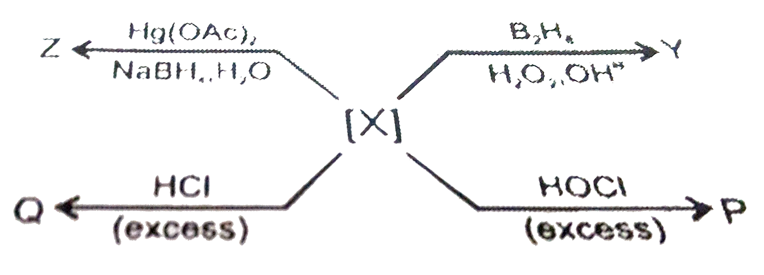 A Hydrocarbon X (M.F.C4H6) produces an aldehyde Y through Hydrocarbon Oxidation and a ketone Z through Oxymercuration Demercuration. Y and Z are functional isomers. X gives P when treated with excess of HOCl and Q when treated with excess of HCl.     The structure of X is :