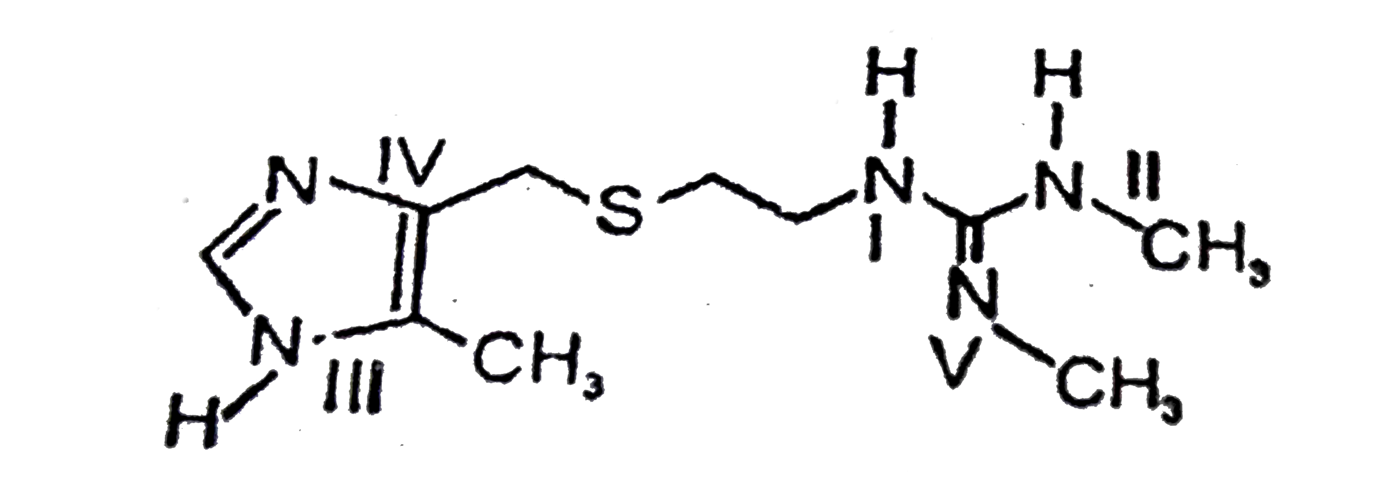 The Cimetidine has serveral nitrogen atom in its structure. Identify the most basic atom of given cimetidine derivative.