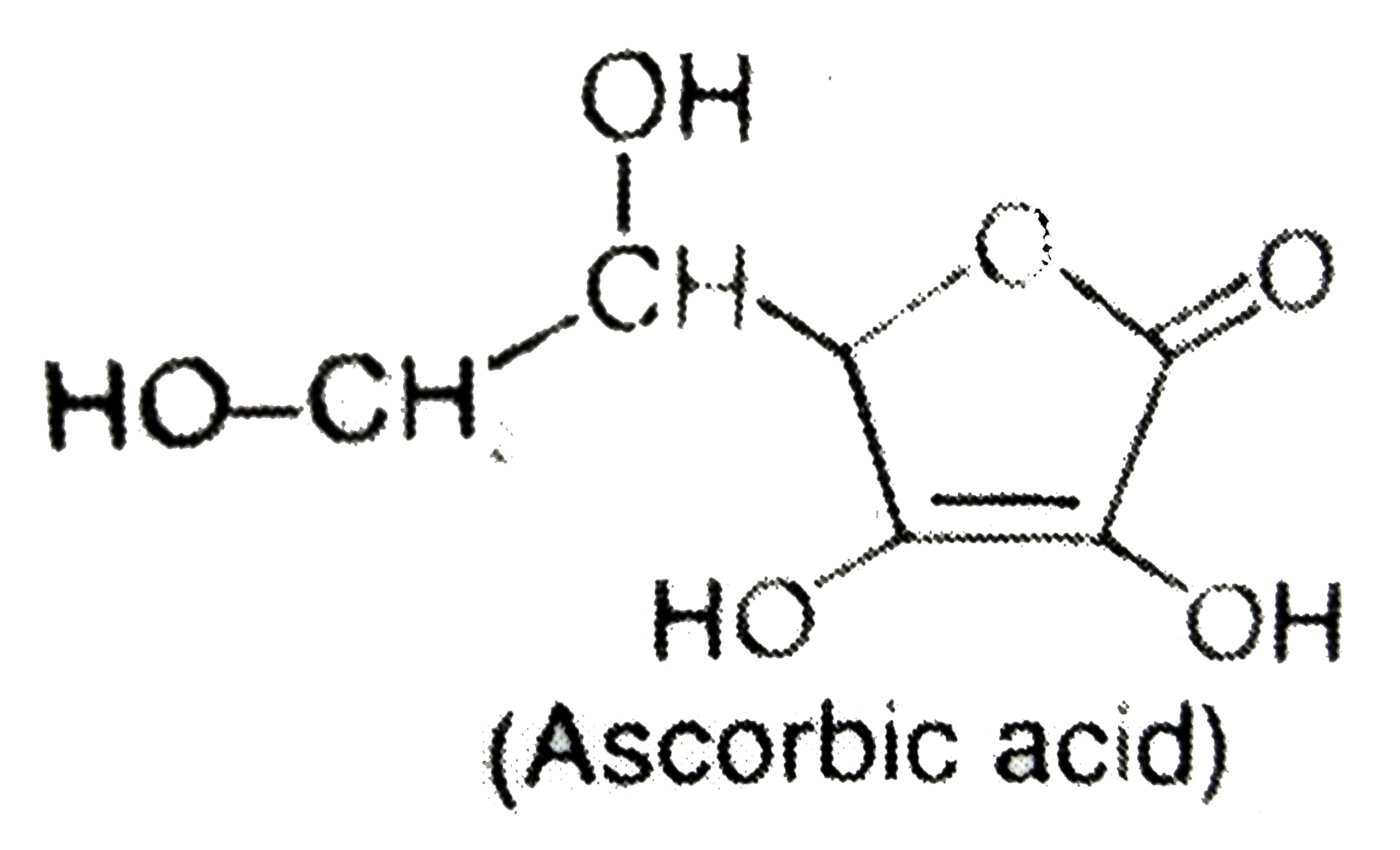 Structural of Ascorbic acid is represented as follows      How many of the following reagents can gives positive test with ascorbic acid.   {:(Cu(2)Cl(2)+NH(4)OH,