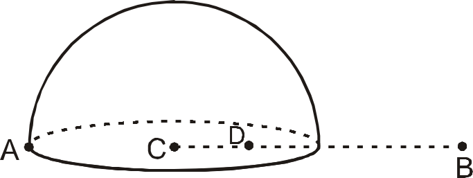 In the figure shown there is a hollow hemisphere of radius 'R'. It has a uniform mass distribution having total mass m. The gravitational potential at points A, D and B are VA , VD and VB respectively. Distance of D and B from centre C are R/2 and 2R respectively. The points C, D and B are lying on radial line of the hollow hemisphere