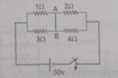 Four resistance are connected by an ideal battery of emf 50 volt, circuit is in steady state then the current in wire AB is :